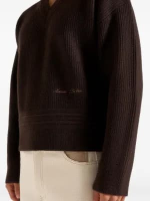Remi logo-embroidery V-neck knit brown sweater 6