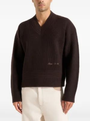 Remi logo-embroidery V-neck knit brown sweater 4