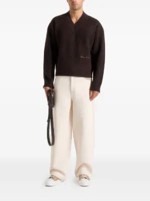Remi logo-embroidery V-neck knit brown sweater 3