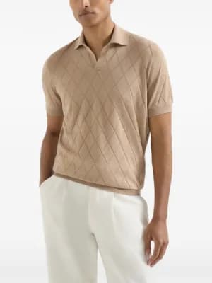 cotton textured Argyle lightweight knit polo shirt by Brunello Cucinelli cotton textured Argyle lightweight knit polo shirt