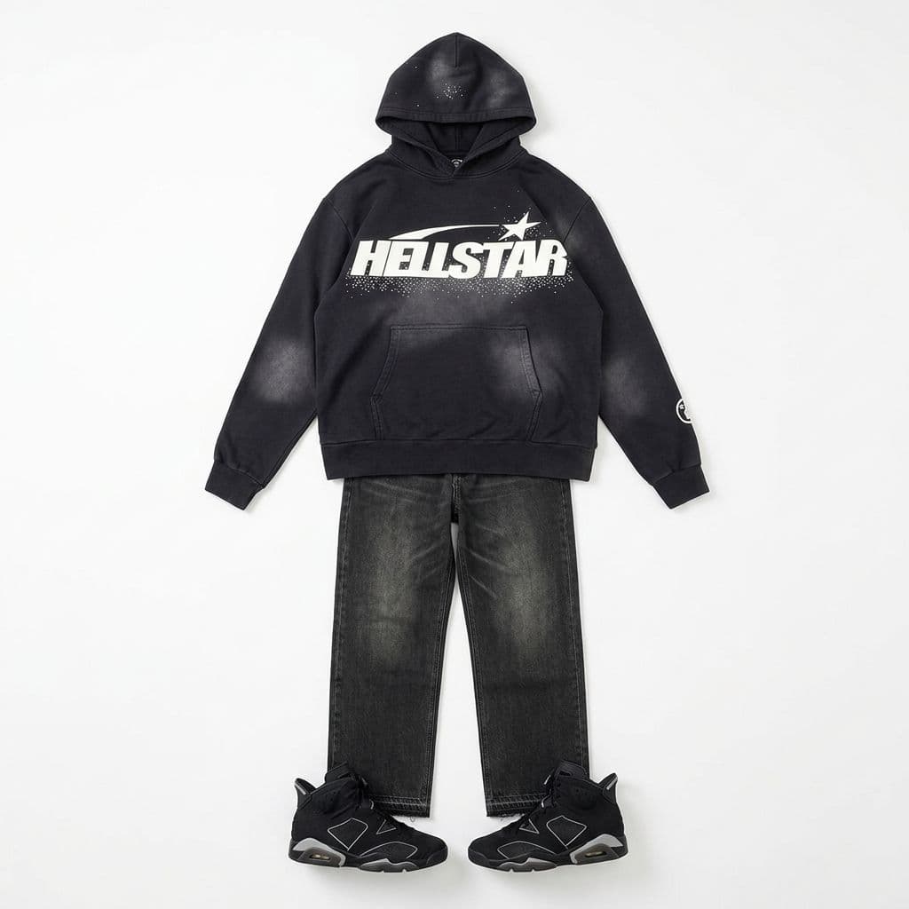 Hellstar + Purple Brand streetwear look