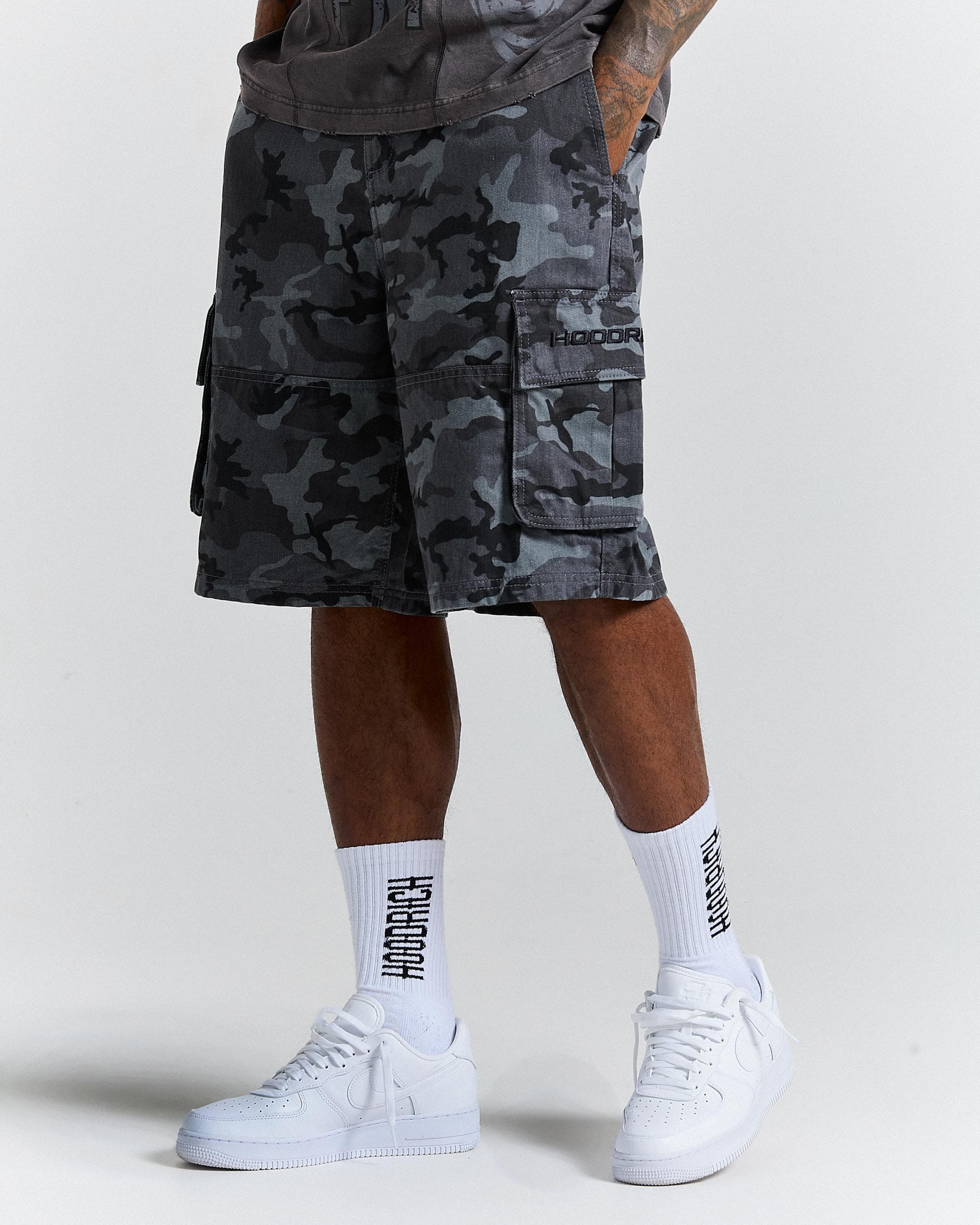 Ryder Camo Oversized Cargo Jorts - Dark Camo/Black by Hoodrich