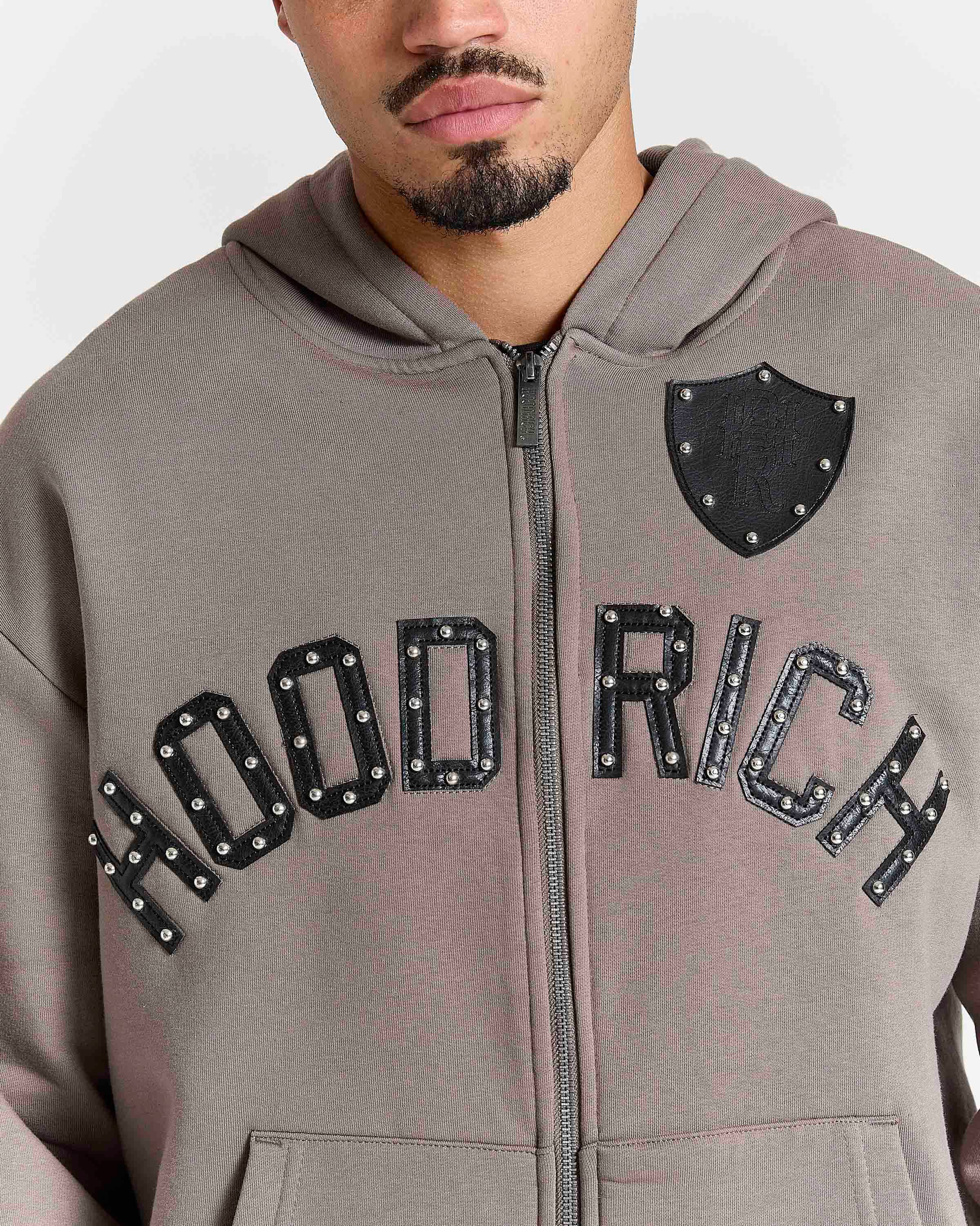 Varso Studs Oversized Zip Hoodie - Brown/Black 3