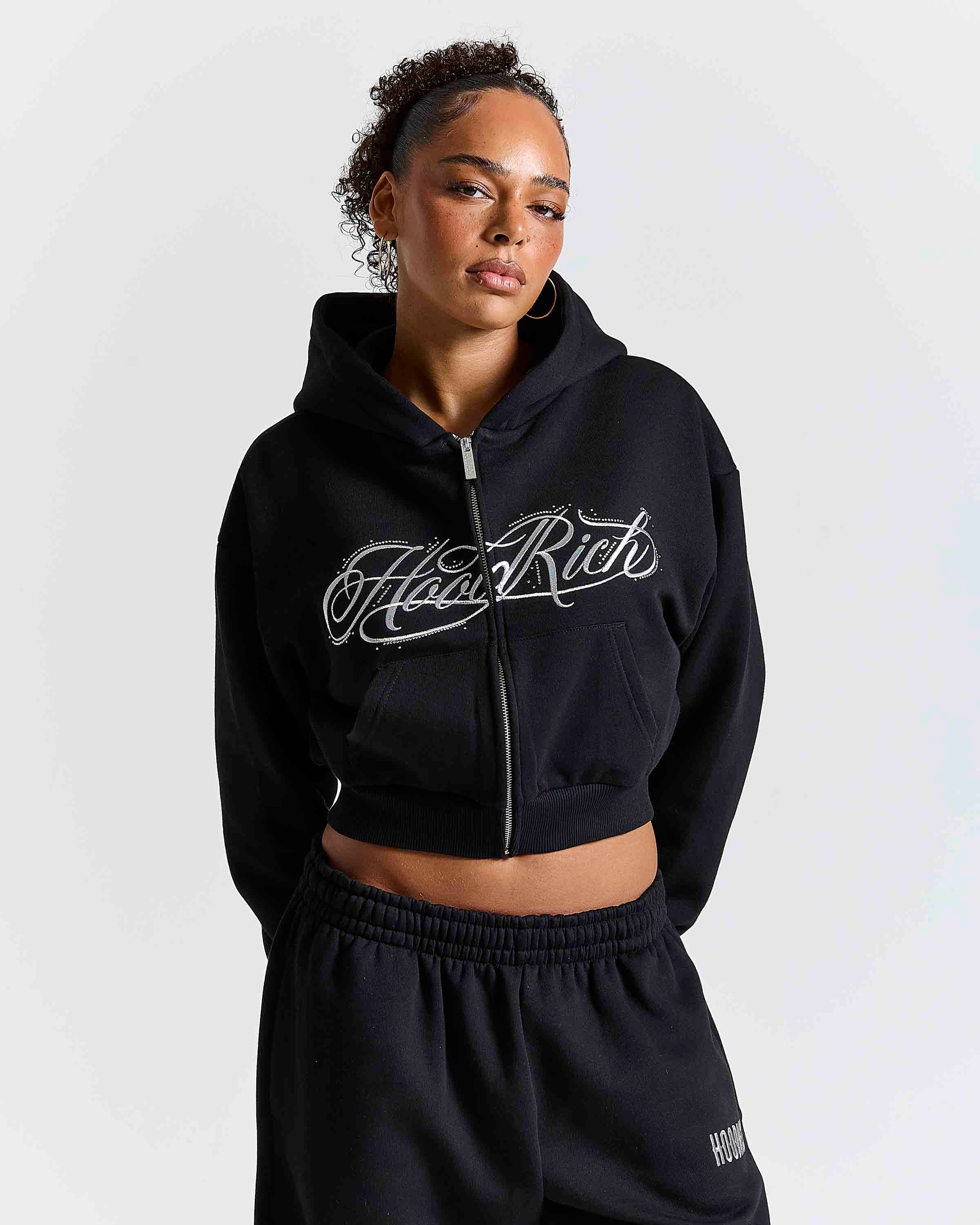 Solace Boxy Zip Hoodie - Black/Silver Rhinestone by Hoodrich