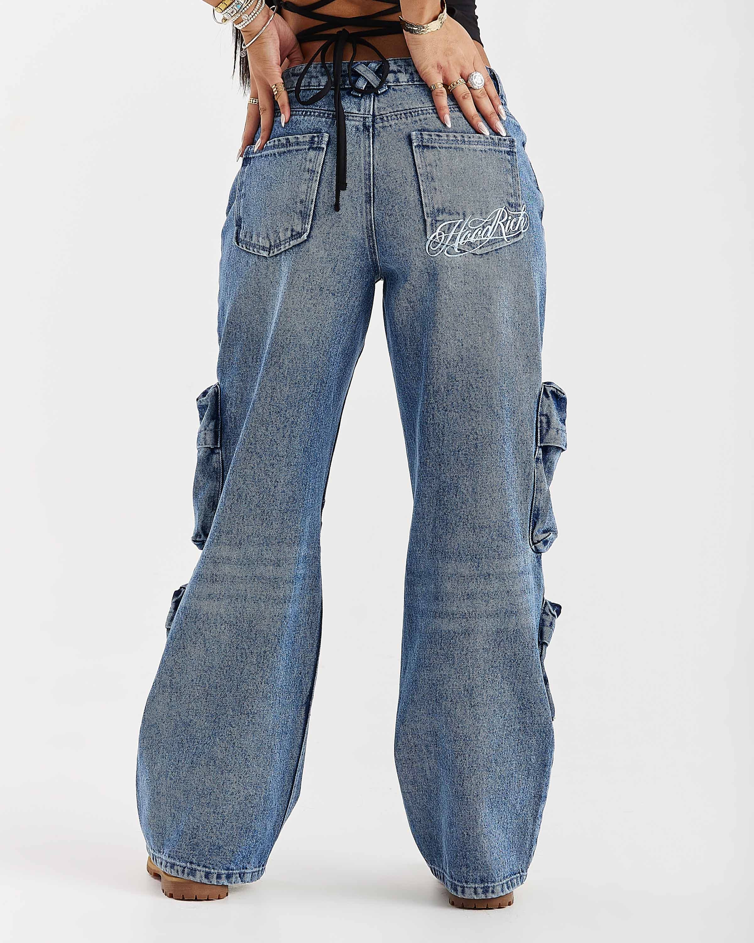 Token Wide Leg Cargo Jeans - Washed Mid Blue by Hoodrich