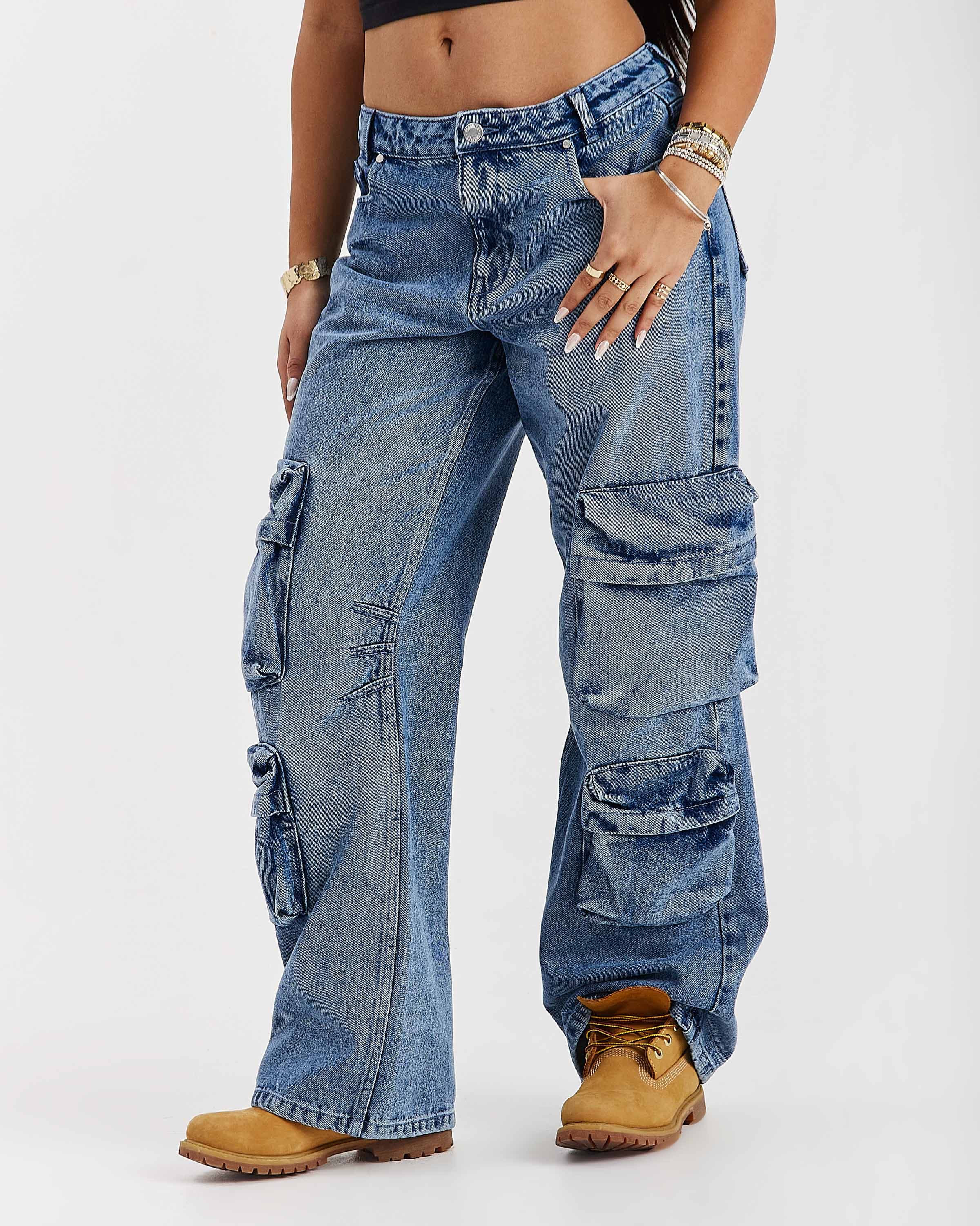 Token Wide Leg Cargo Jeans - Washed Mid Blue 10