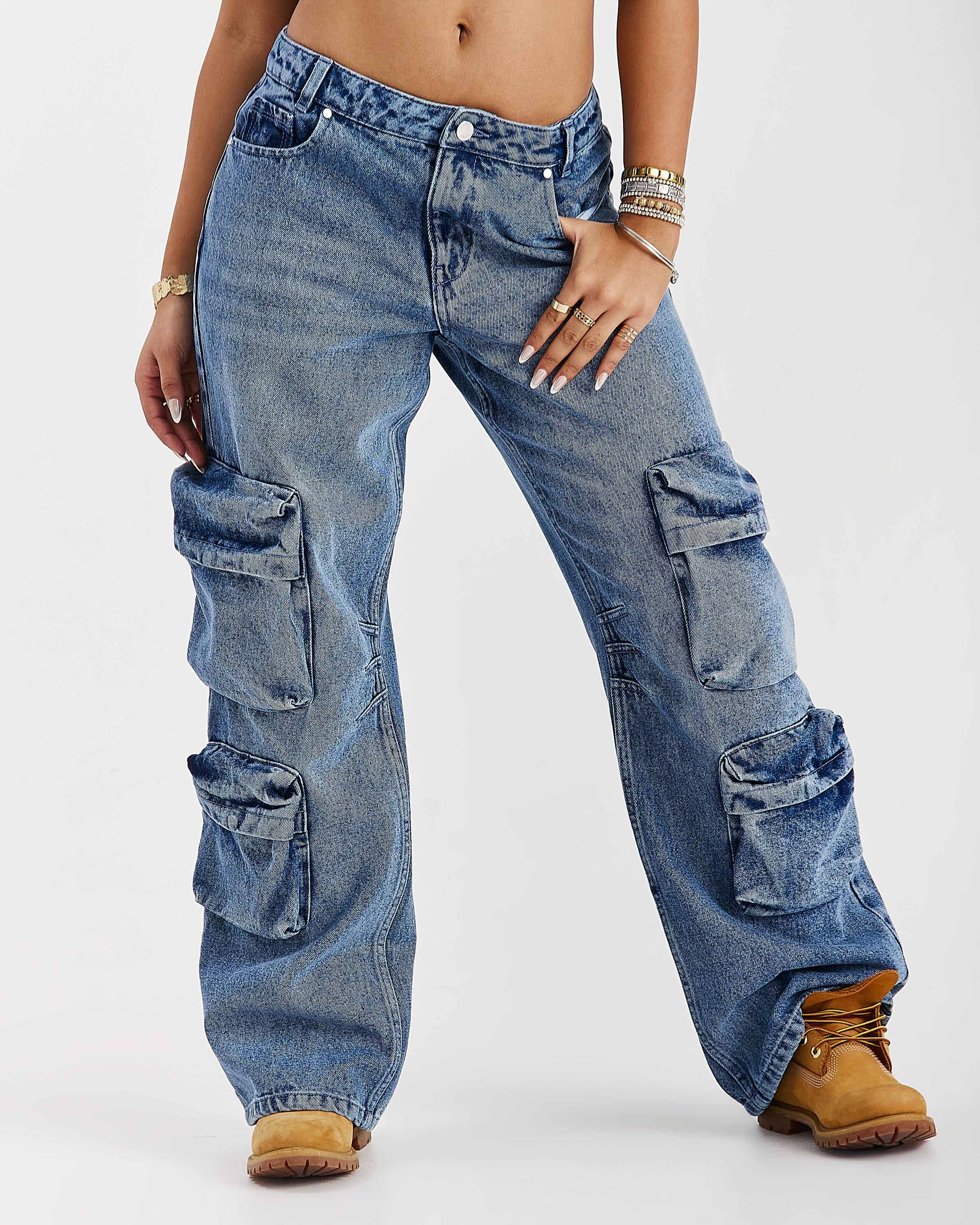 Token Wide Leg Cargo Jeans - Washed Mid Blue 11