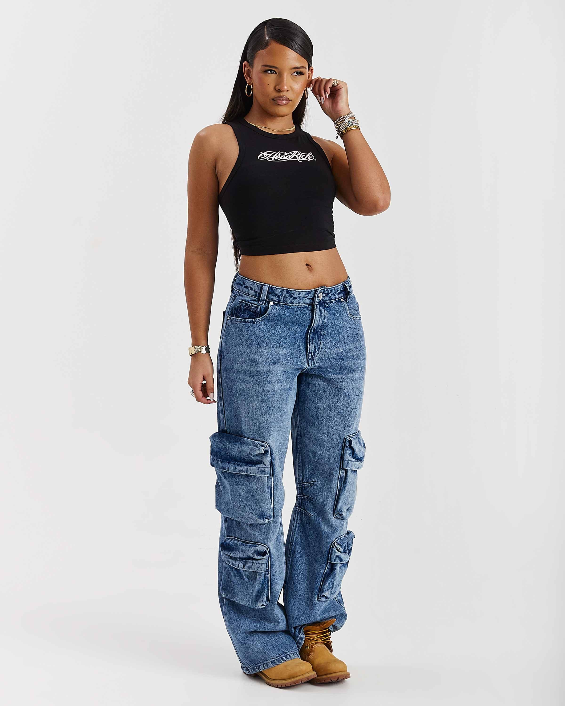 Token Wide Leg Cargo Jeans - Washed Mid Blue 12
