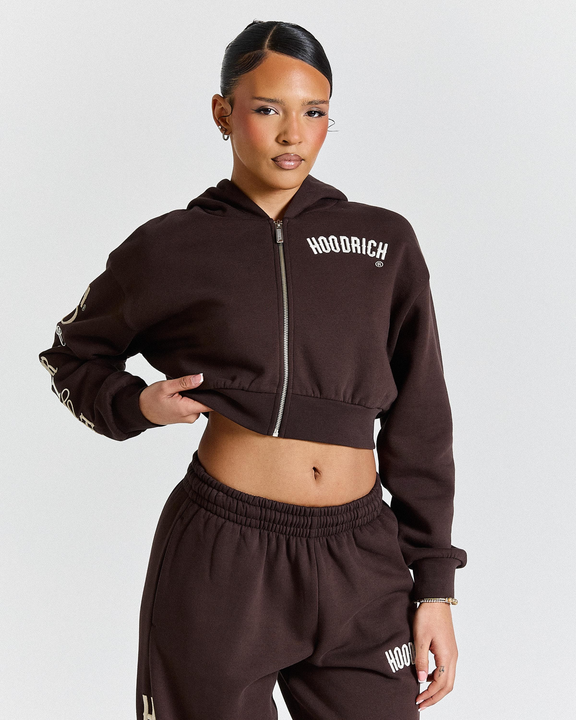 Calor Cropped Zip Hoodie - Brown/White by Hoodrich