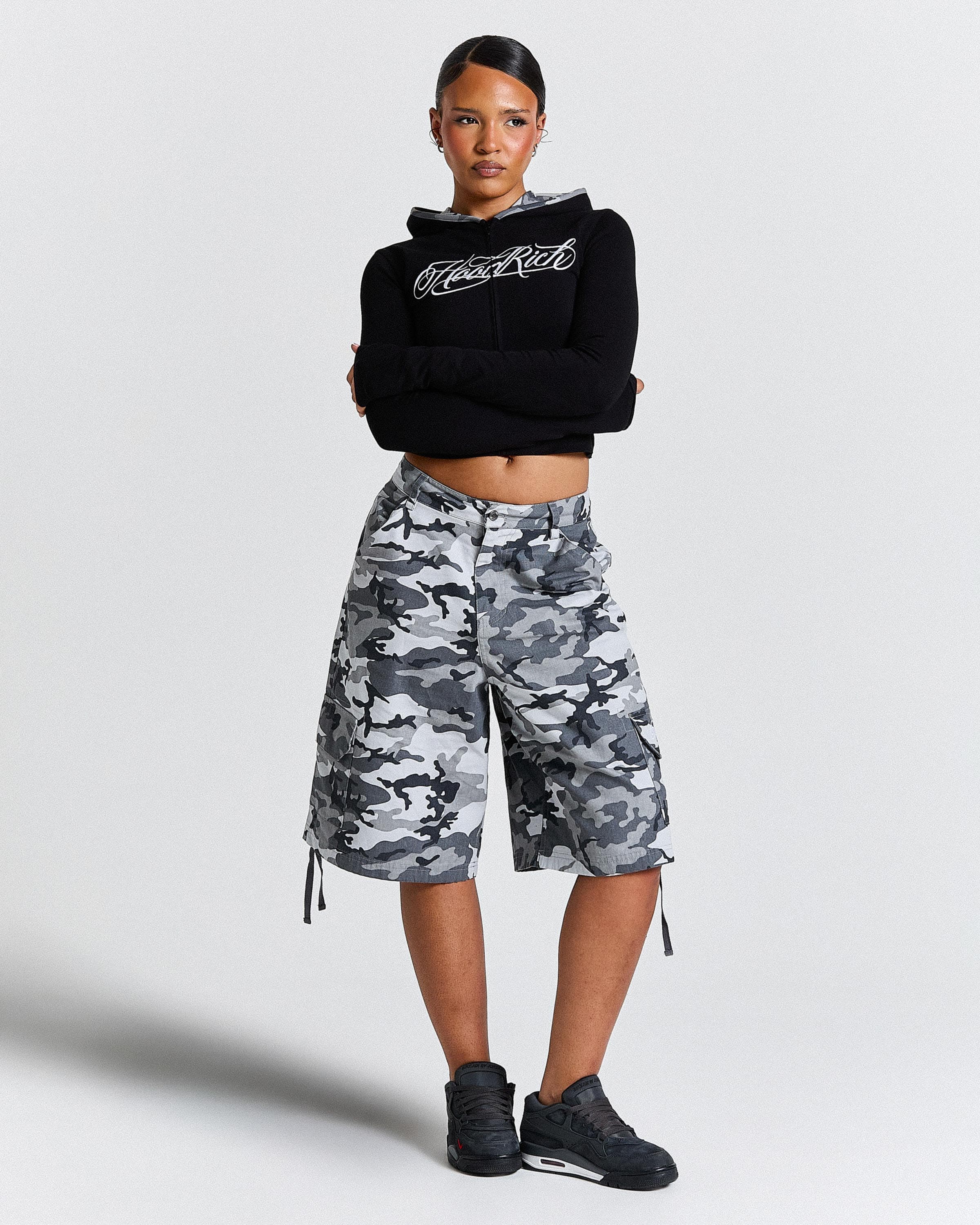 Field Oversized Cargo Woven Jort - Grey Camo by Hoodrich