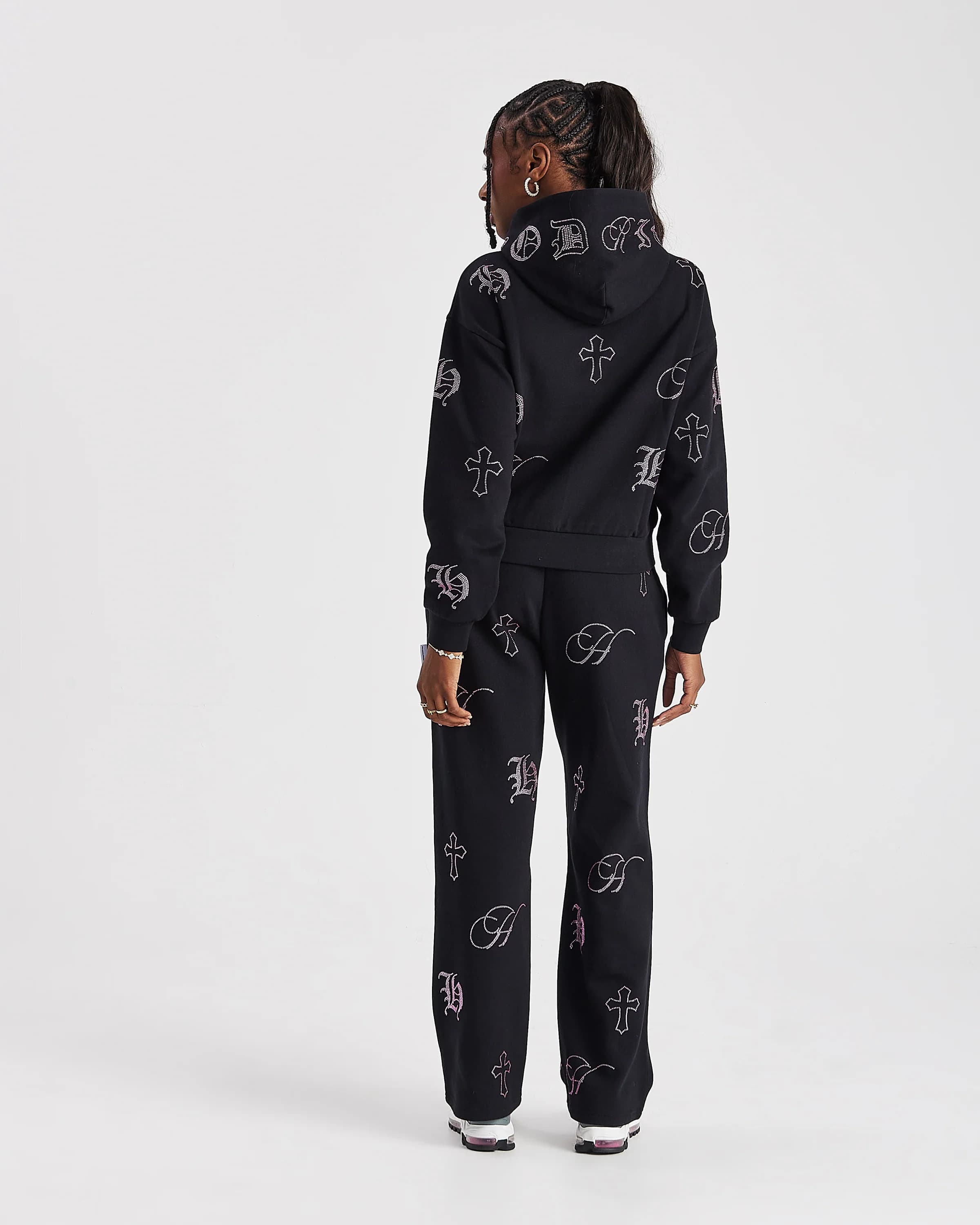 Crystal Mid Length Hoodie - Black/Pink Rhinestone 5