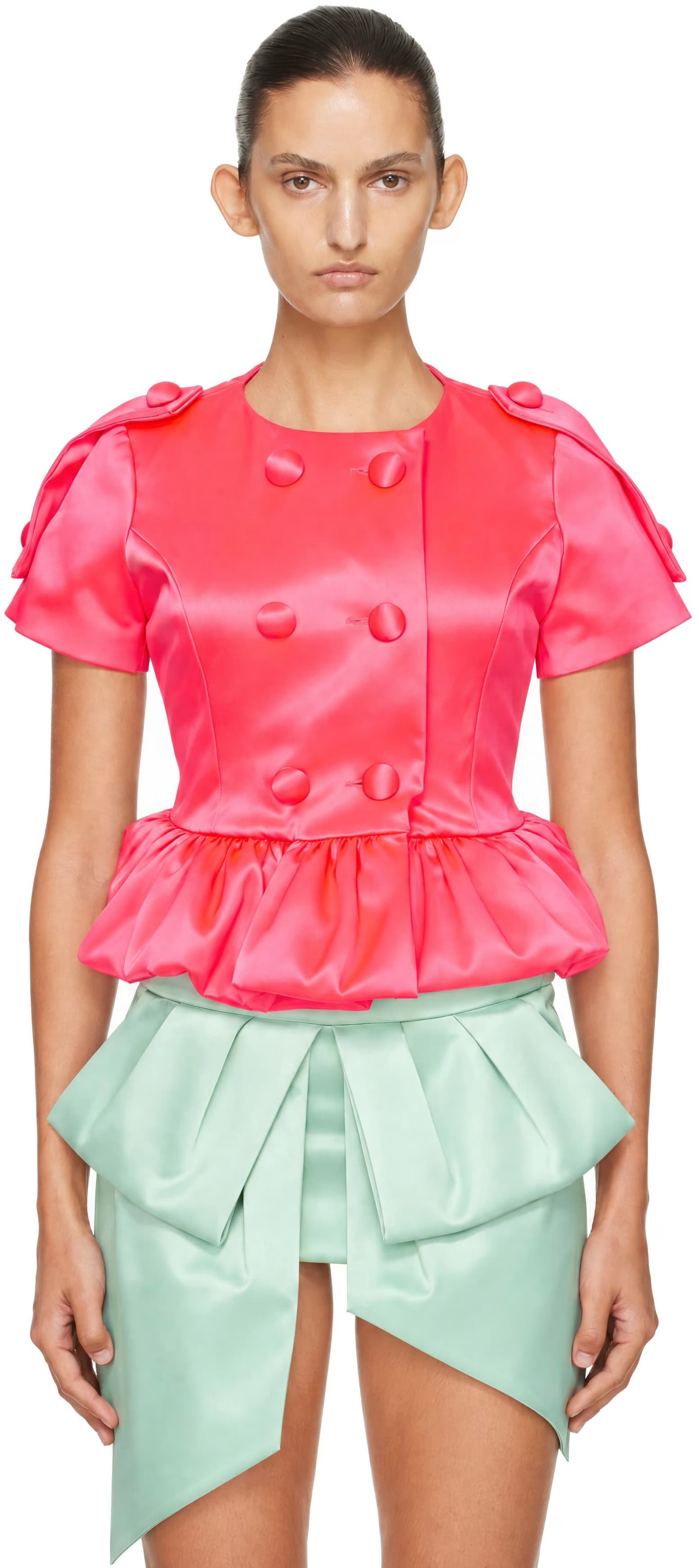 Pink Satin Peplum Top by VAQUERA