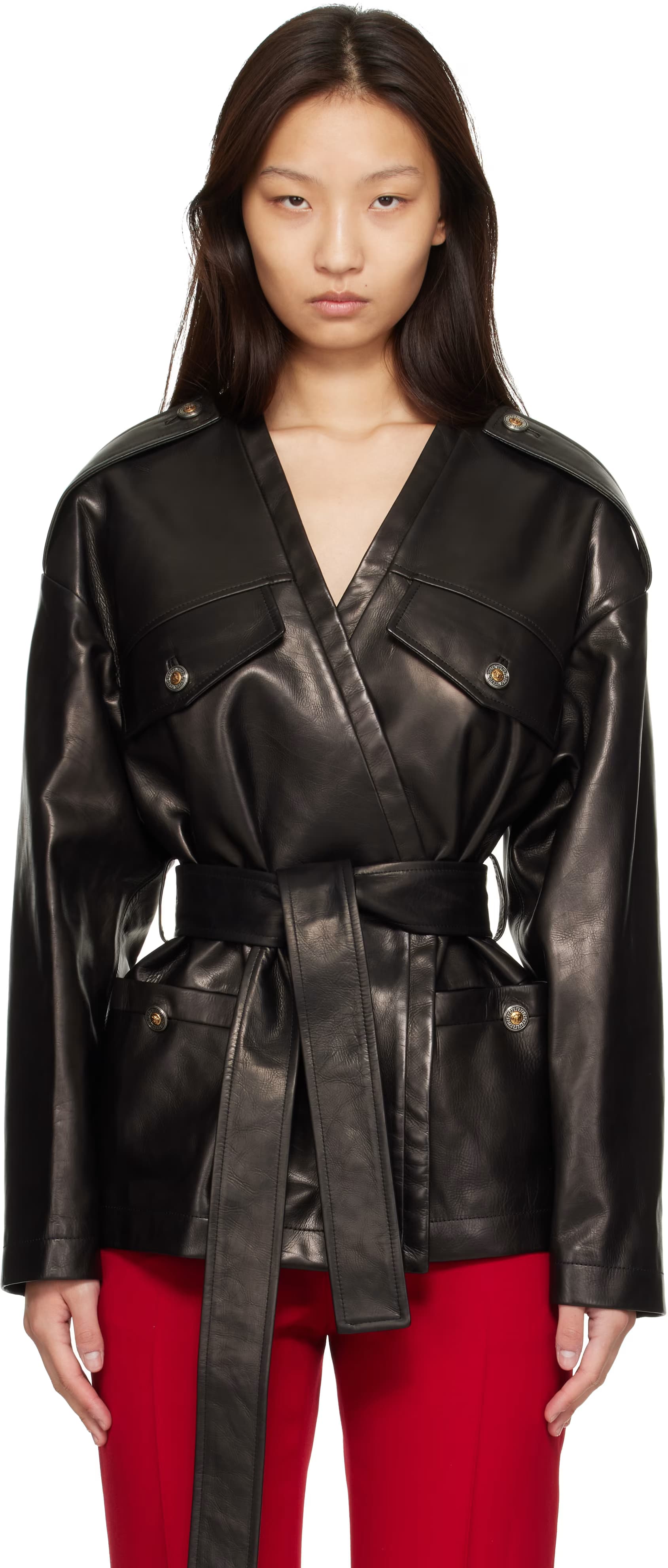 Black V-Neck Blouson Leather Jacket by Versace
