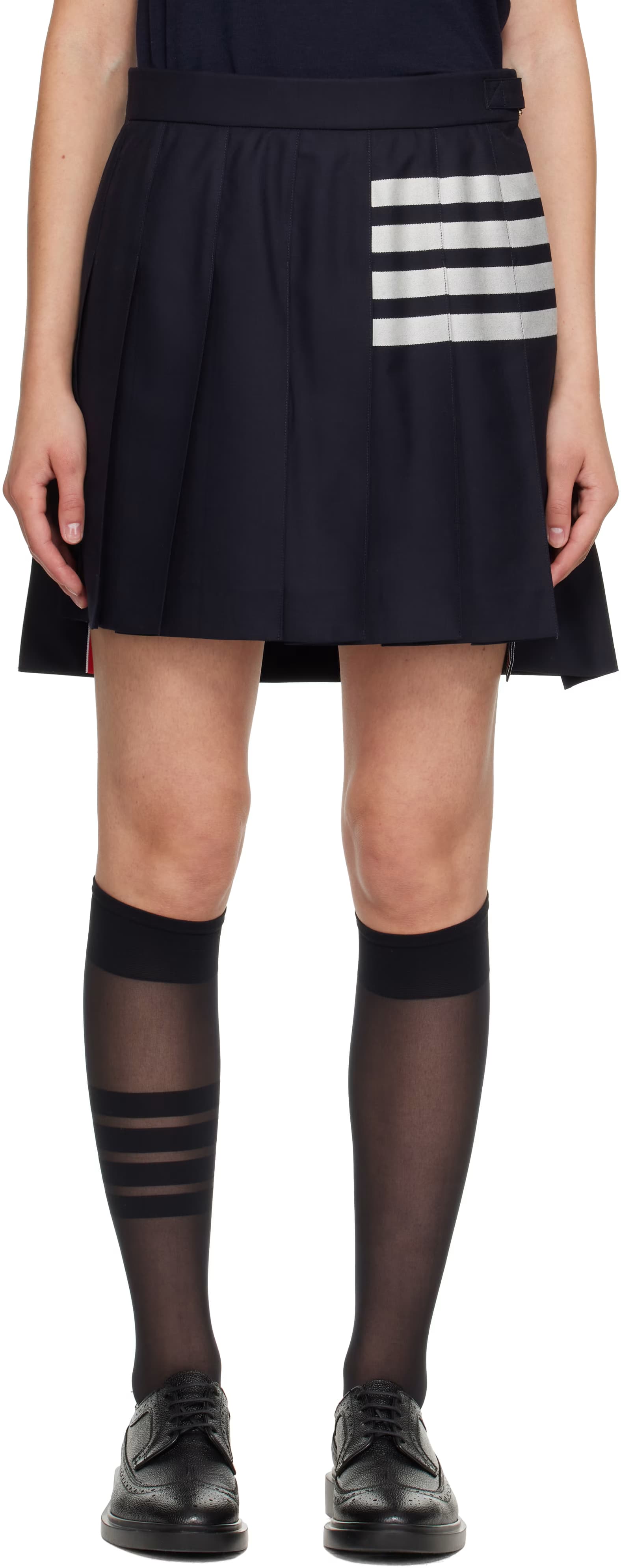 Navy Plain Weave 4-Bar Pleated Miniskirt by Thom Browne