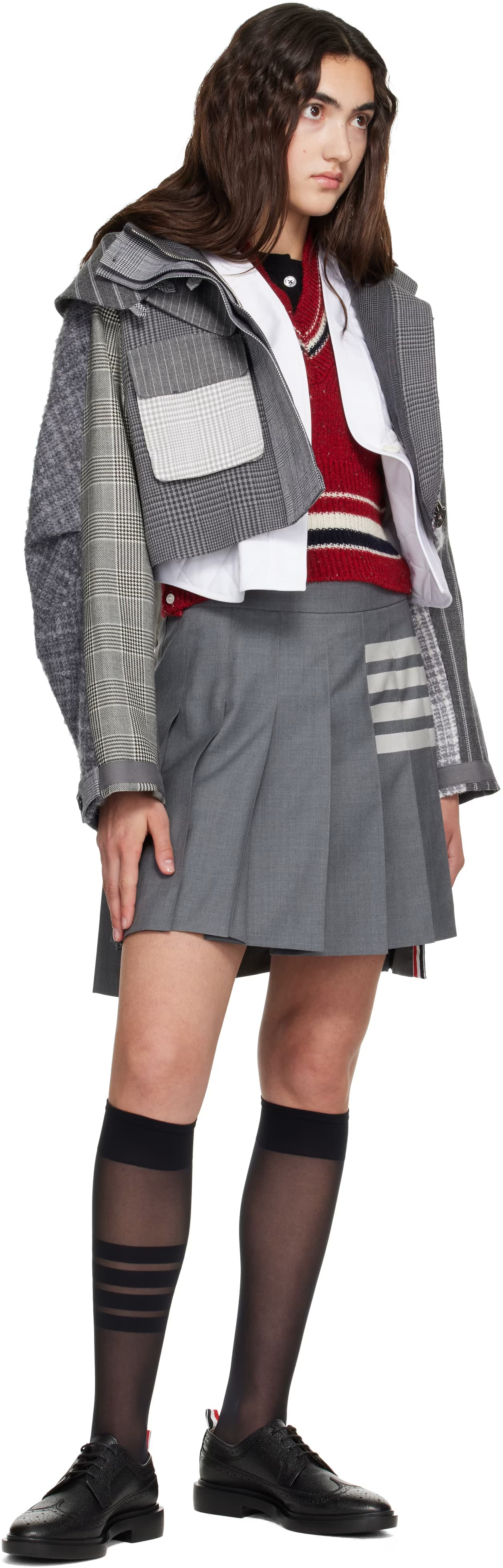Gray Plain Weave 4-Bar Pleated Miniskirt 4