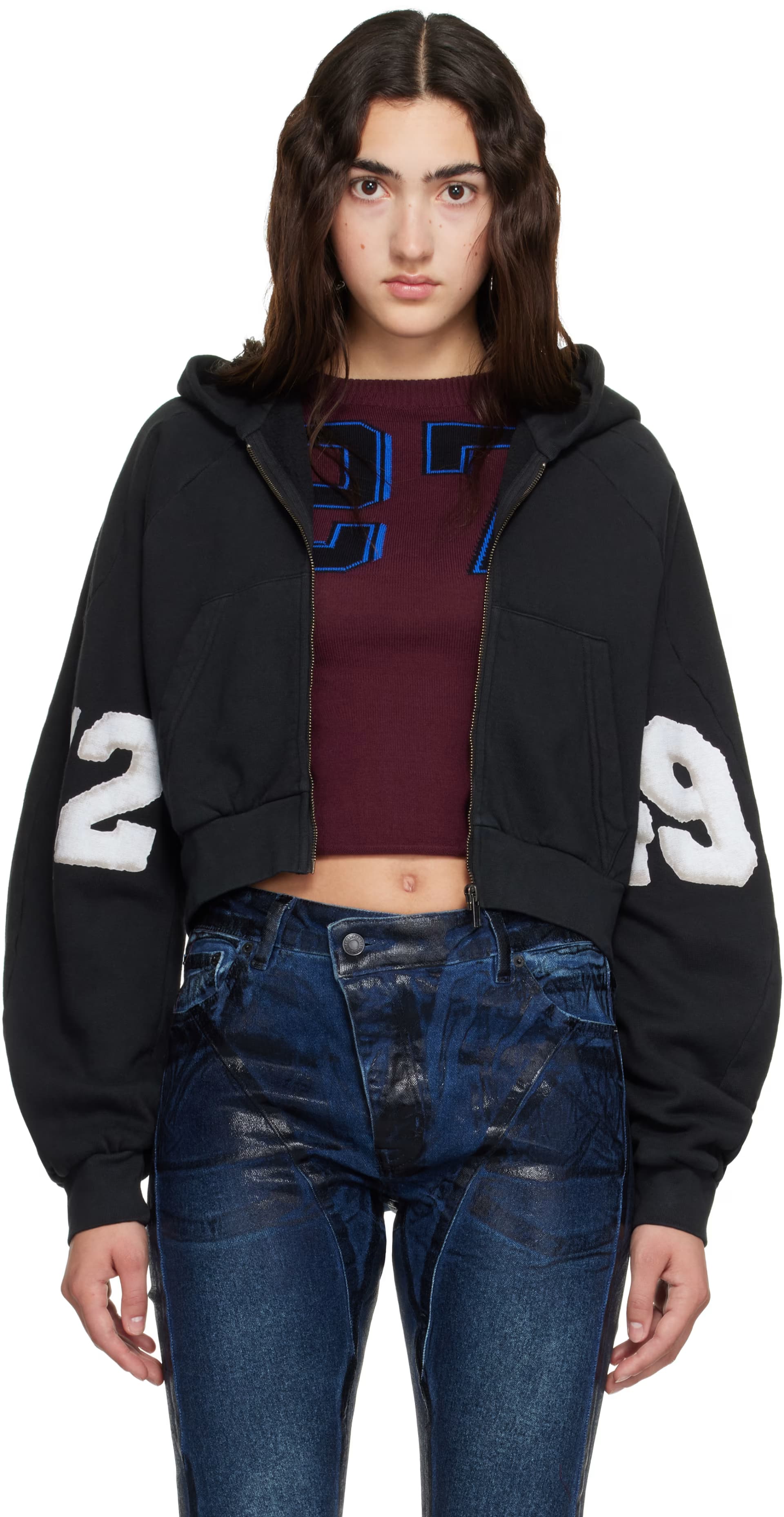 Black Cropped Zip Hoodie by Ottolinger