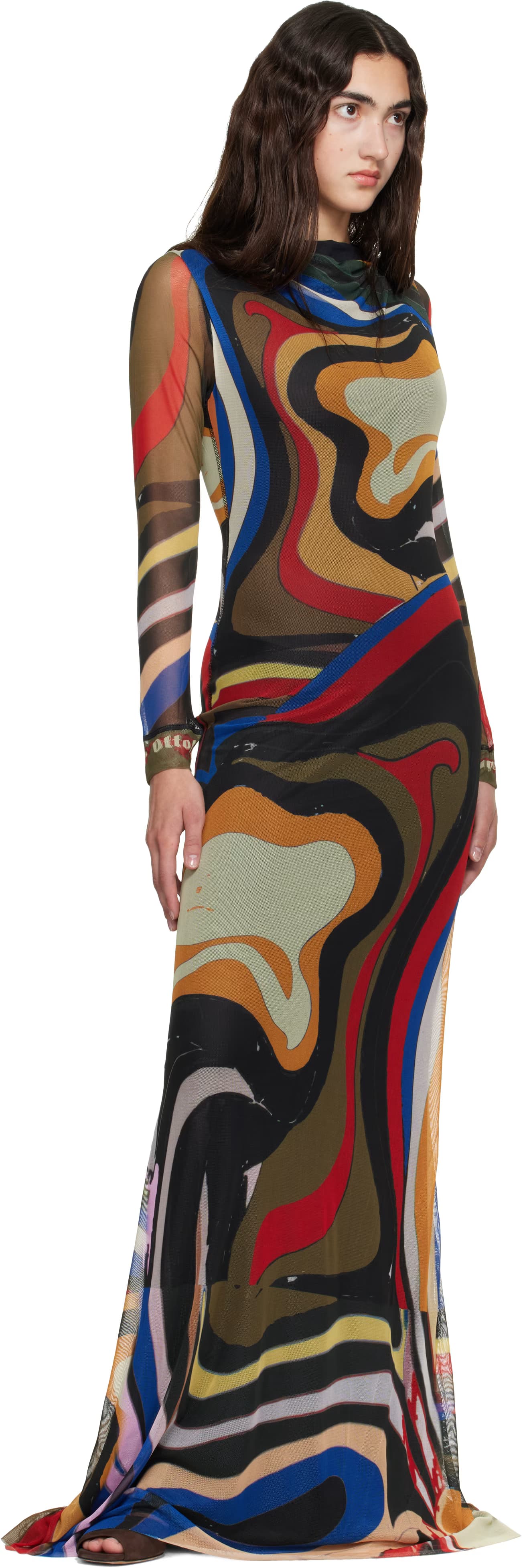 Multicolor Mesh Longsleeve Maxi Dress by Ottolinger