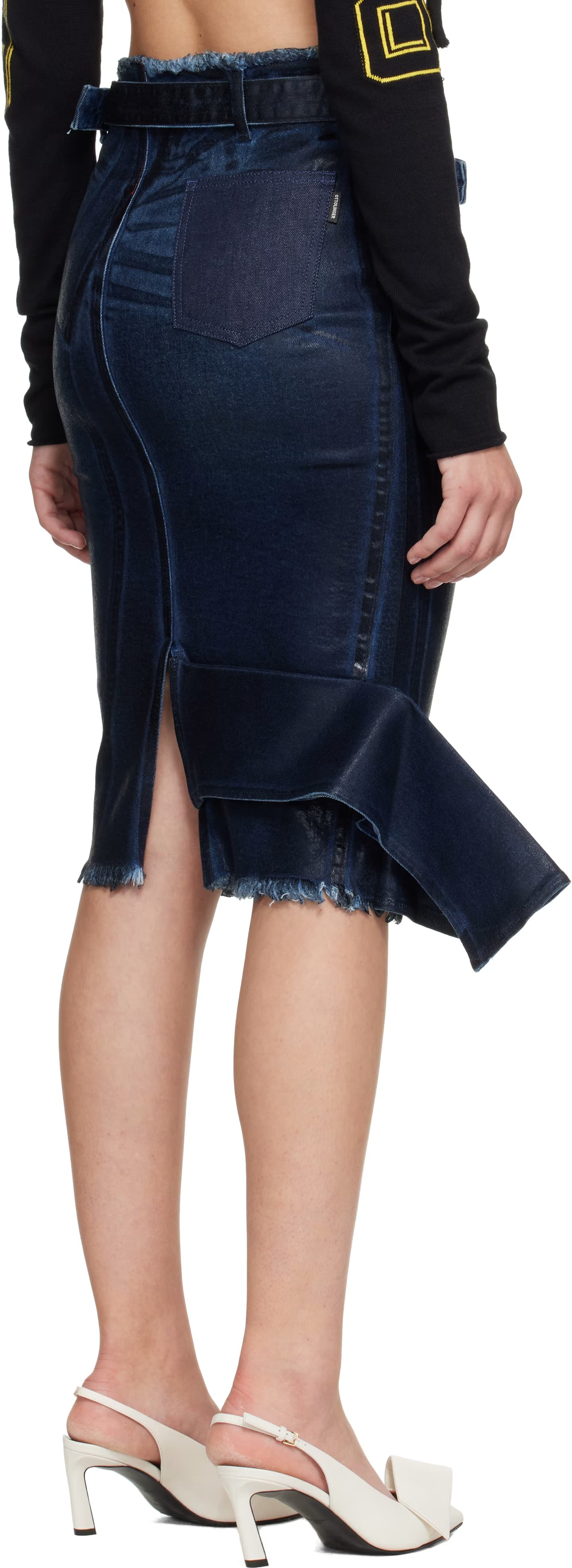 Blue Glazed Denim Midi Pencil Skirt by Ottolinger