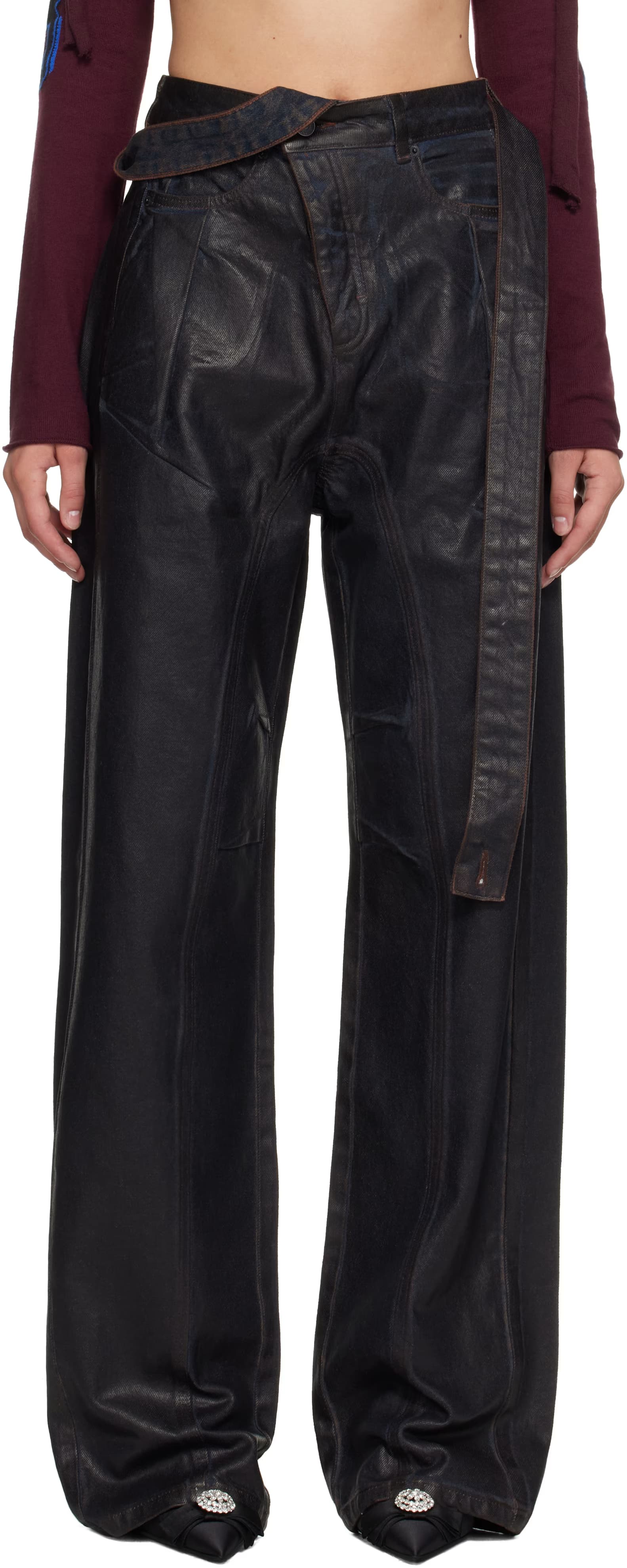 Brown Glazed Baggy Jeans by Ottolinger