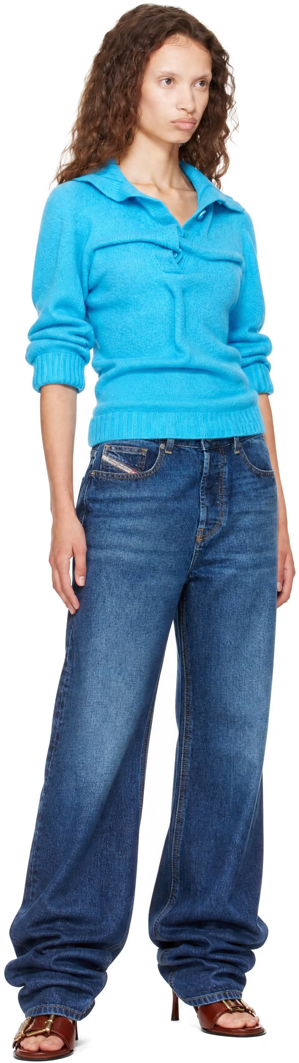 Blue Button-Neck Wrinkled Boiled Knit Turtleneck 4