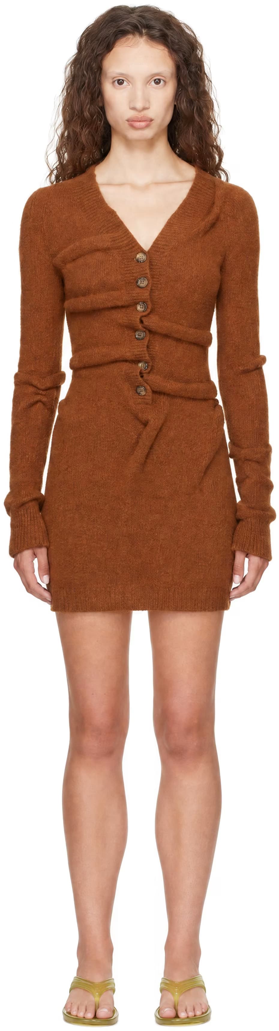Tan Wrinkled Boiled Knit Cardigan Minidress by Diesel