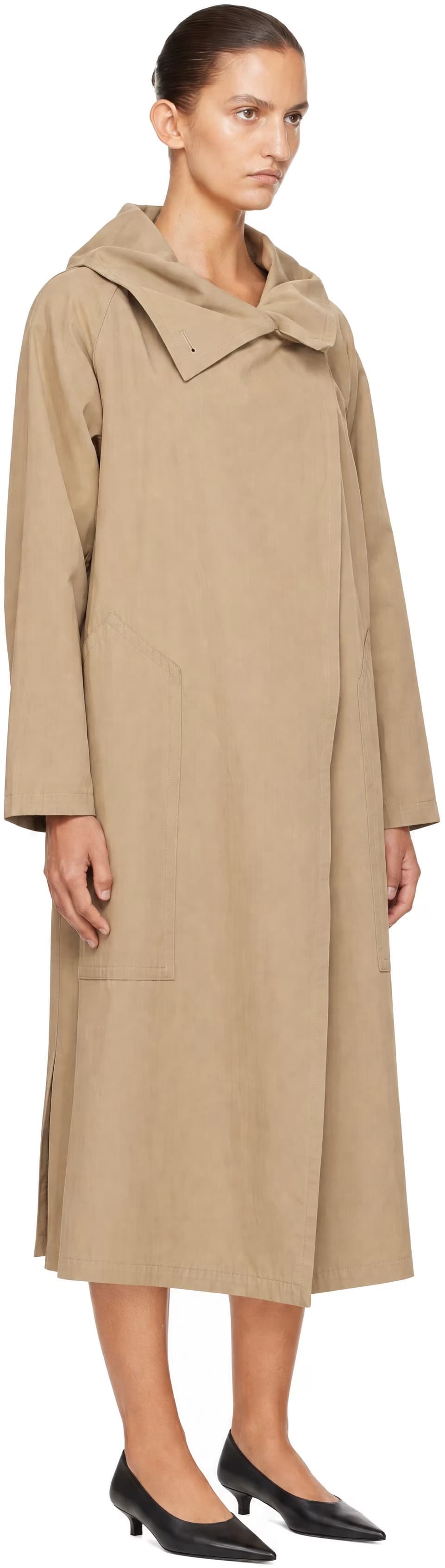 Beige Cotton Draped Funnel Neck Trench Coat 2