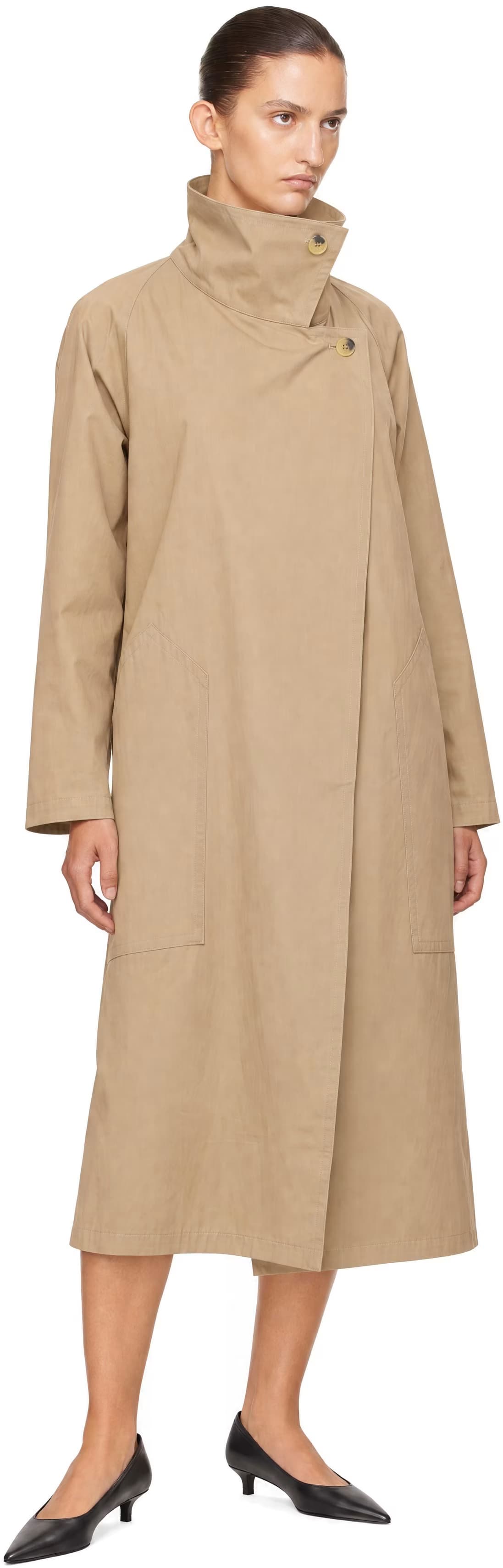 Beige Cotton Draped Funnel Neck Trench Coat 4