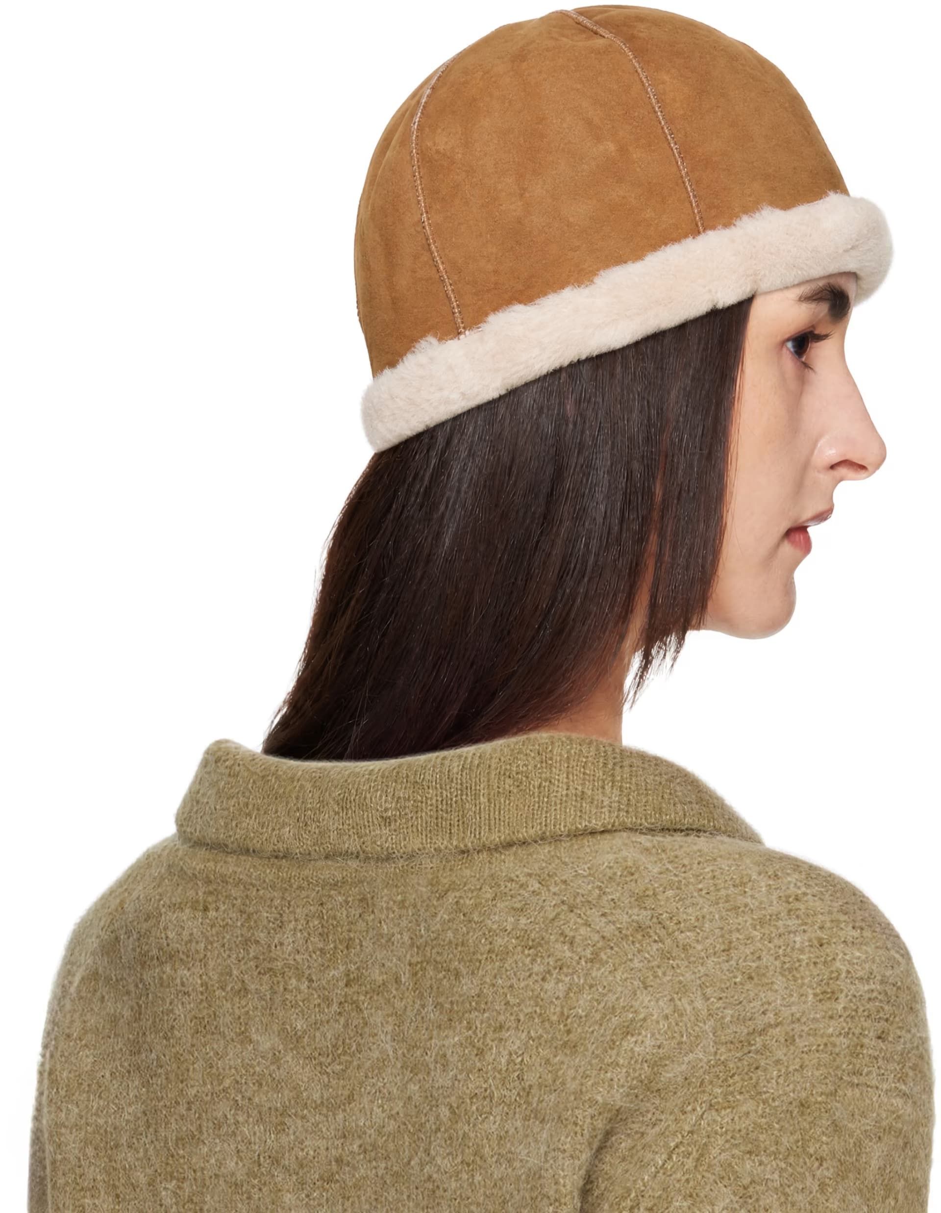 Brown Fleece Trim Faux-Suede Reversible Hat by LE17SEPTEMBRE