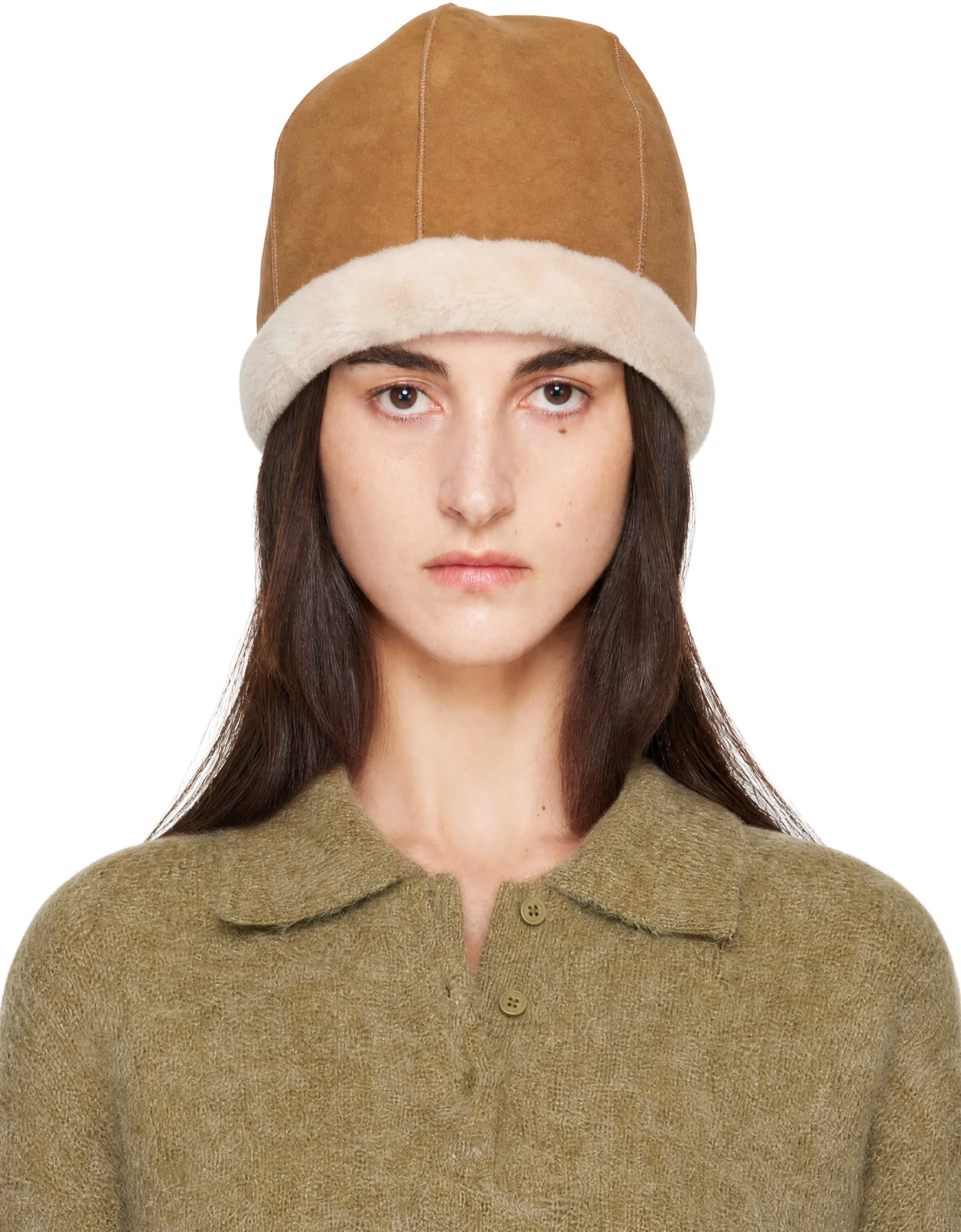 Brown Fleece Trim Faux-Suede Reversible Hat by LE17SEPTEMBRE