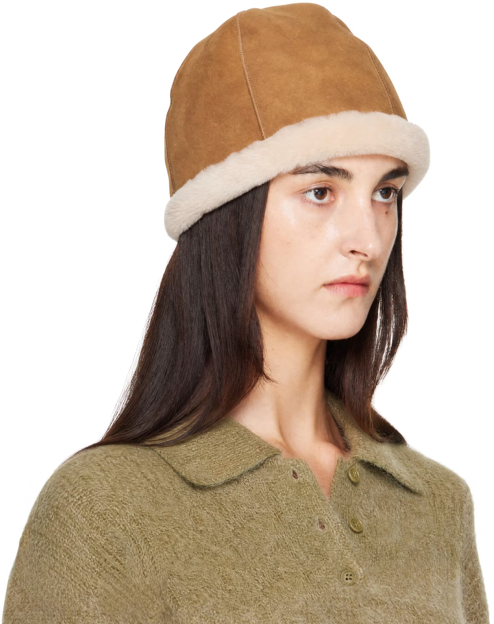 Brown Fleece Trim Faux-Suede Reversible Hat by LE17SEPTEMBRE