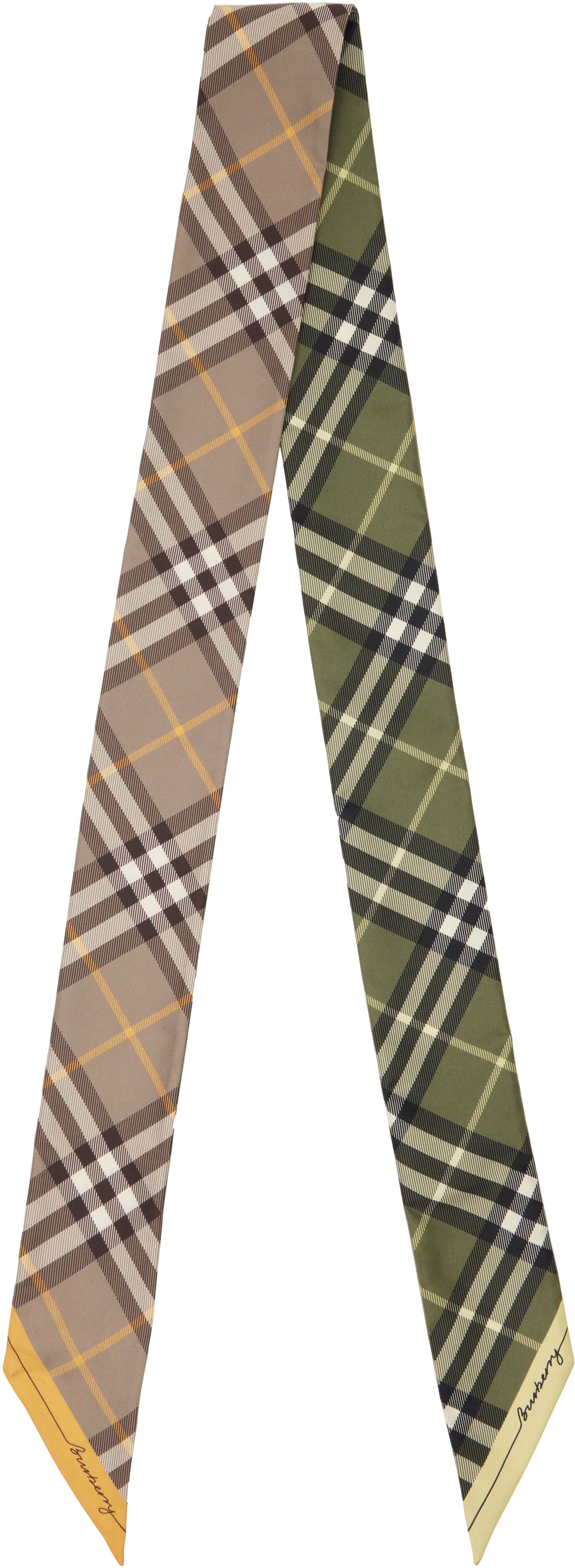 Beige & Green Skinny Contrast Check Silk Scarf by Burberry