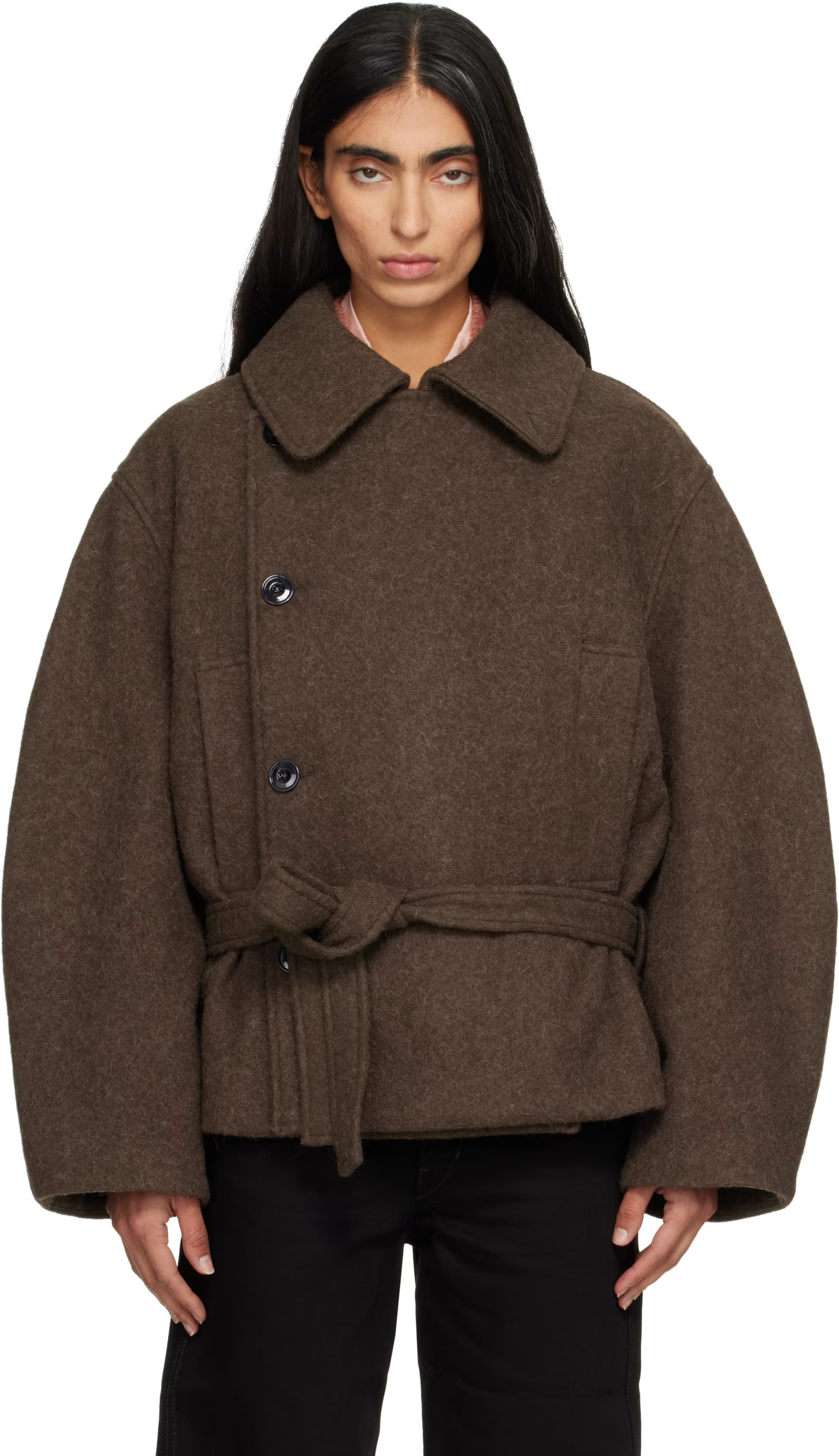 Brown Short Wrap Coat by Lemaire