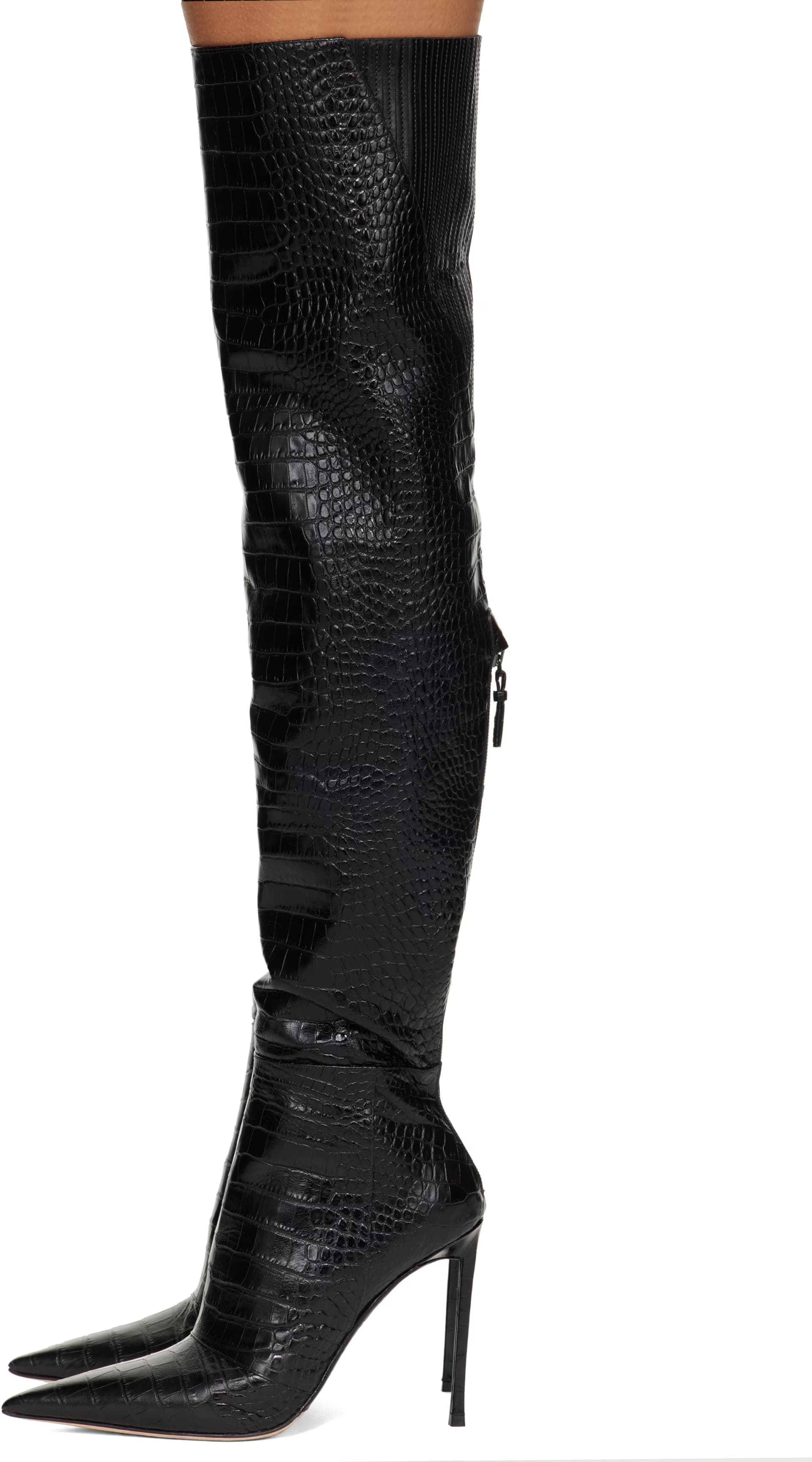 Black Shiny Stamped Crocodile Leather Vertigo Thigh High Boots 3