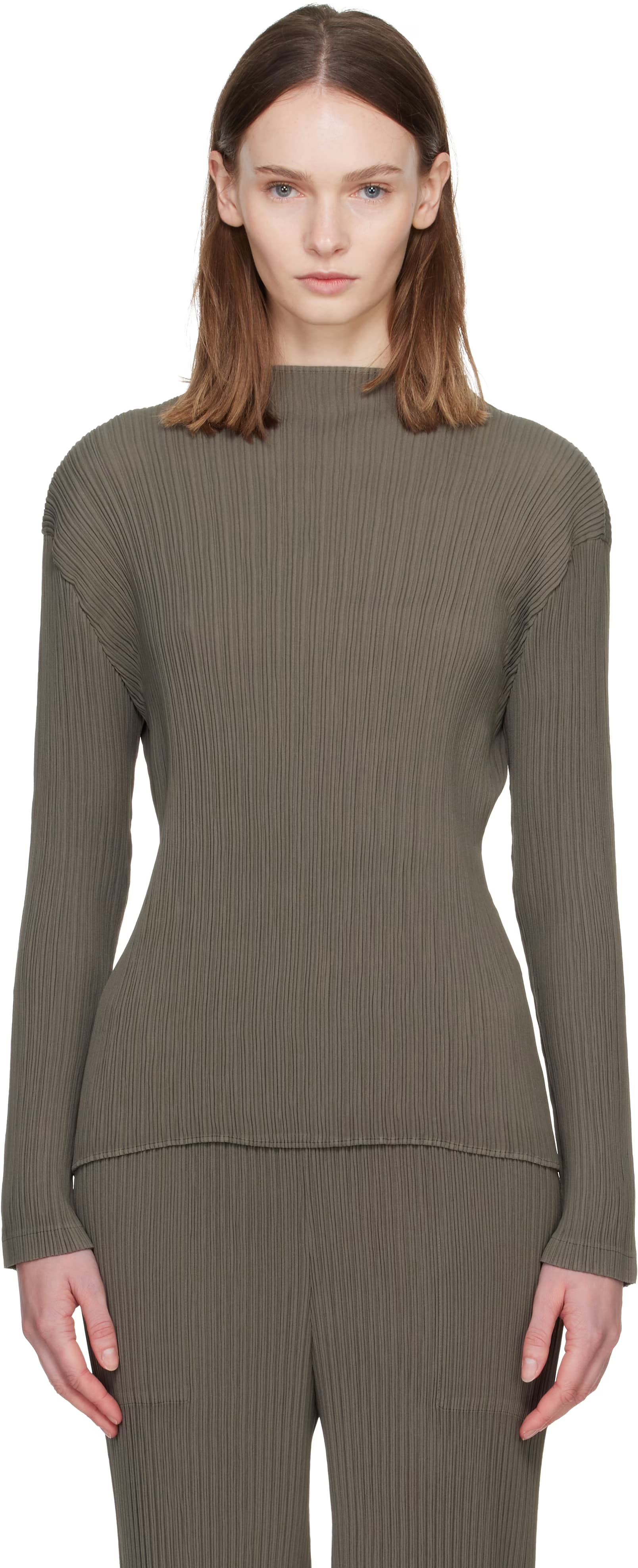 Taupe Hatching Pleats Top by ISSEY MIYAKE