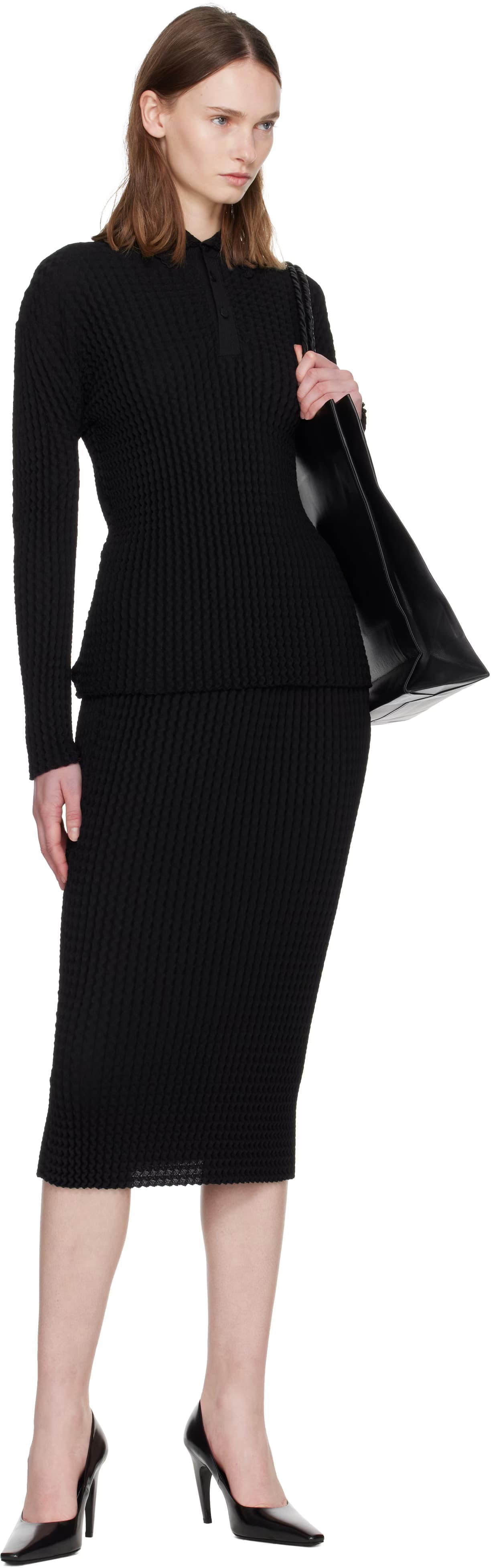 Black Spongy Midi Skirt by ISSEY MIYAKE