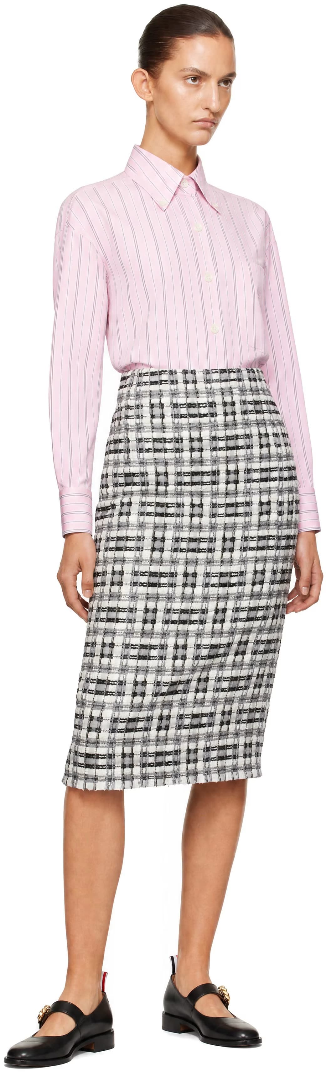 Gray & Off-White Ribbon Tweed Fray Midi Pencil Skirt 4