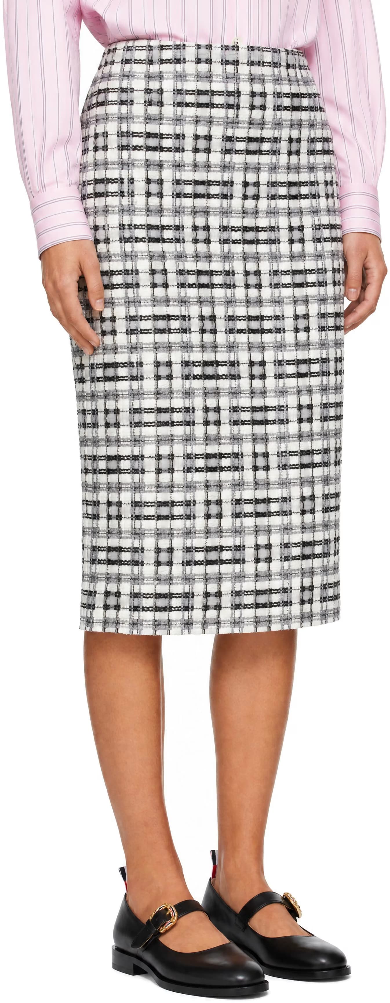Gray & Off-White Ribbon Tweed Fray Midi Pencil Skirt 2