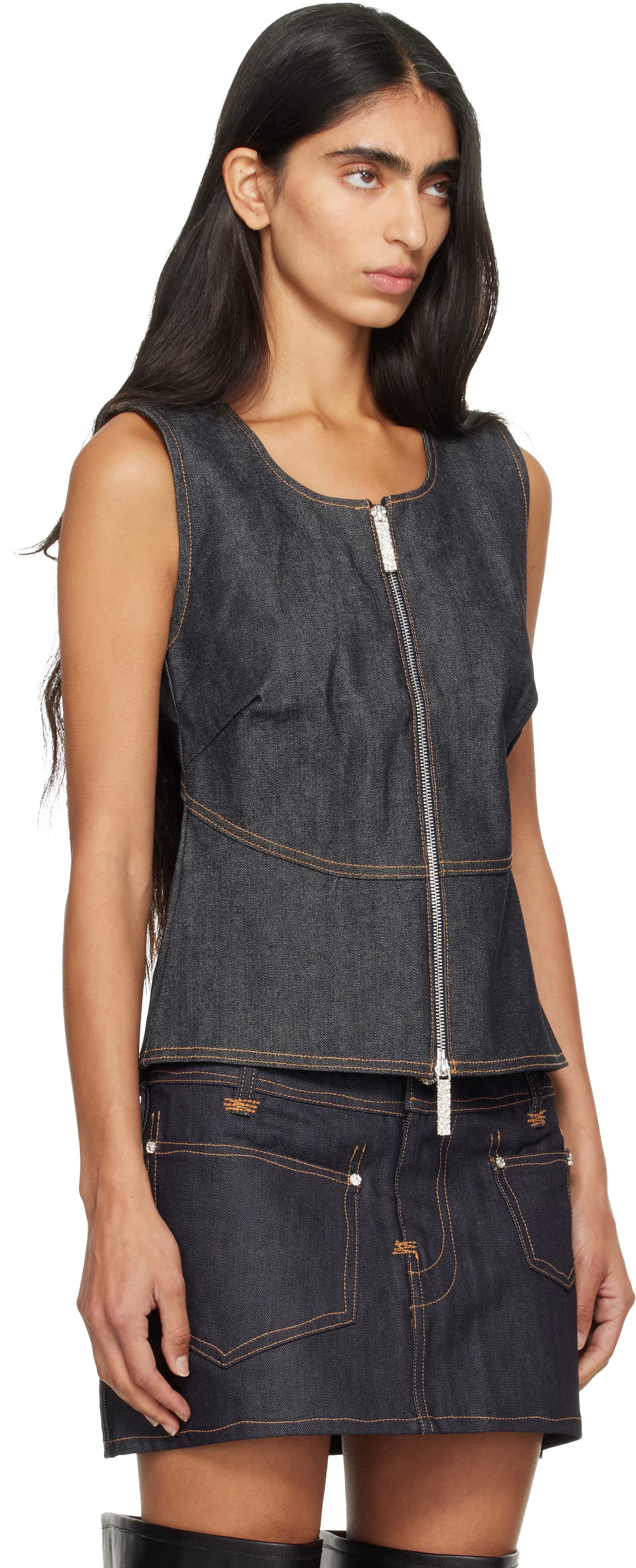 Navy Zip Up Denim Vest 2