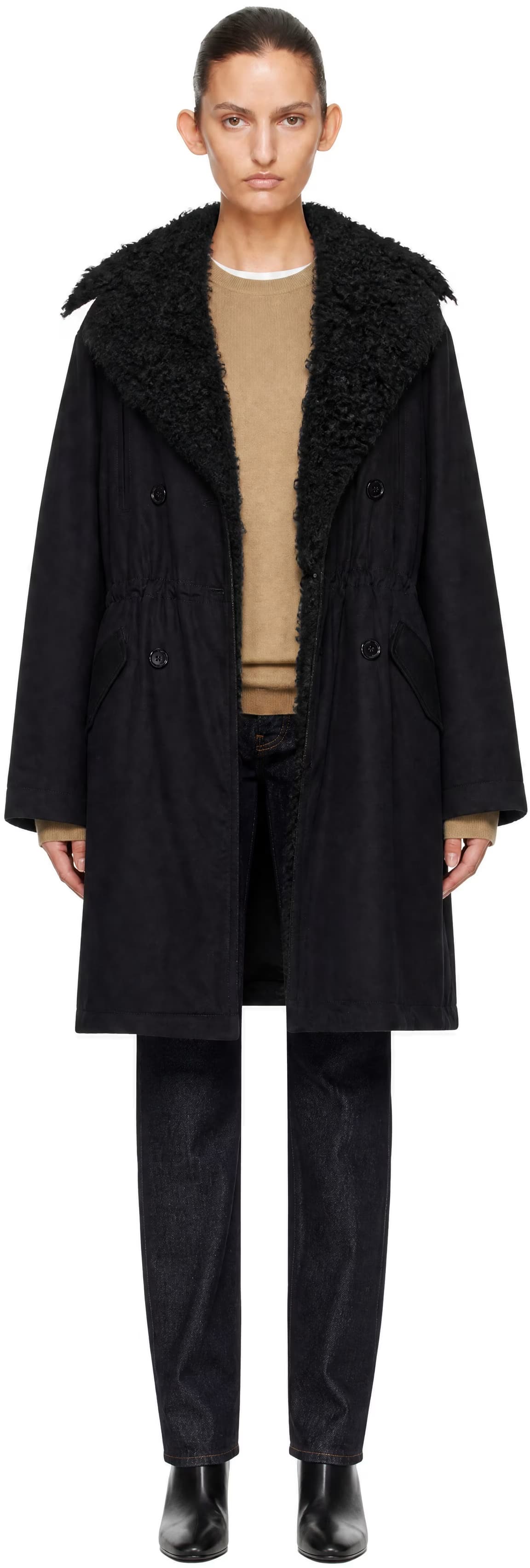Black Shearling Cotton Parka Coat by Toteme