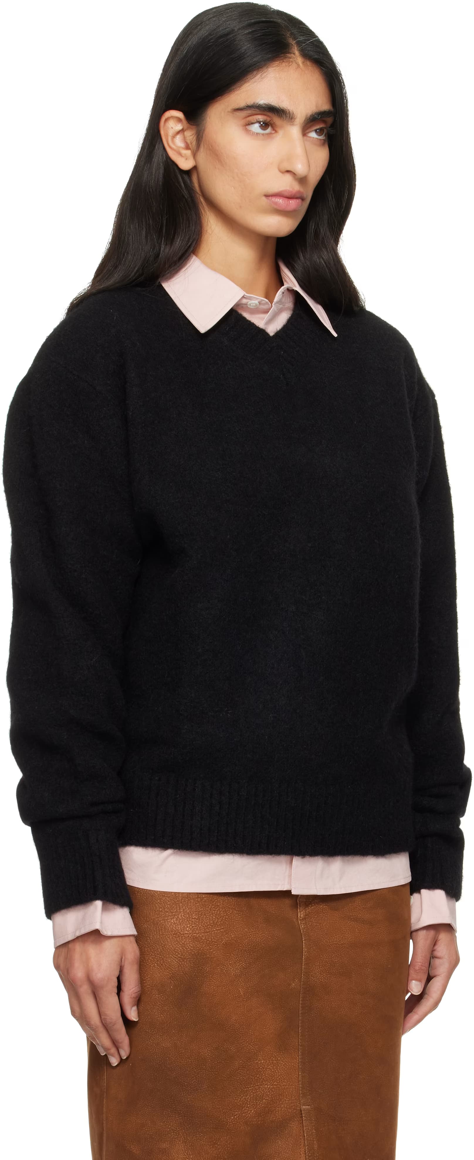 Black Wool Blend Hairy V-Neck Sweater 2