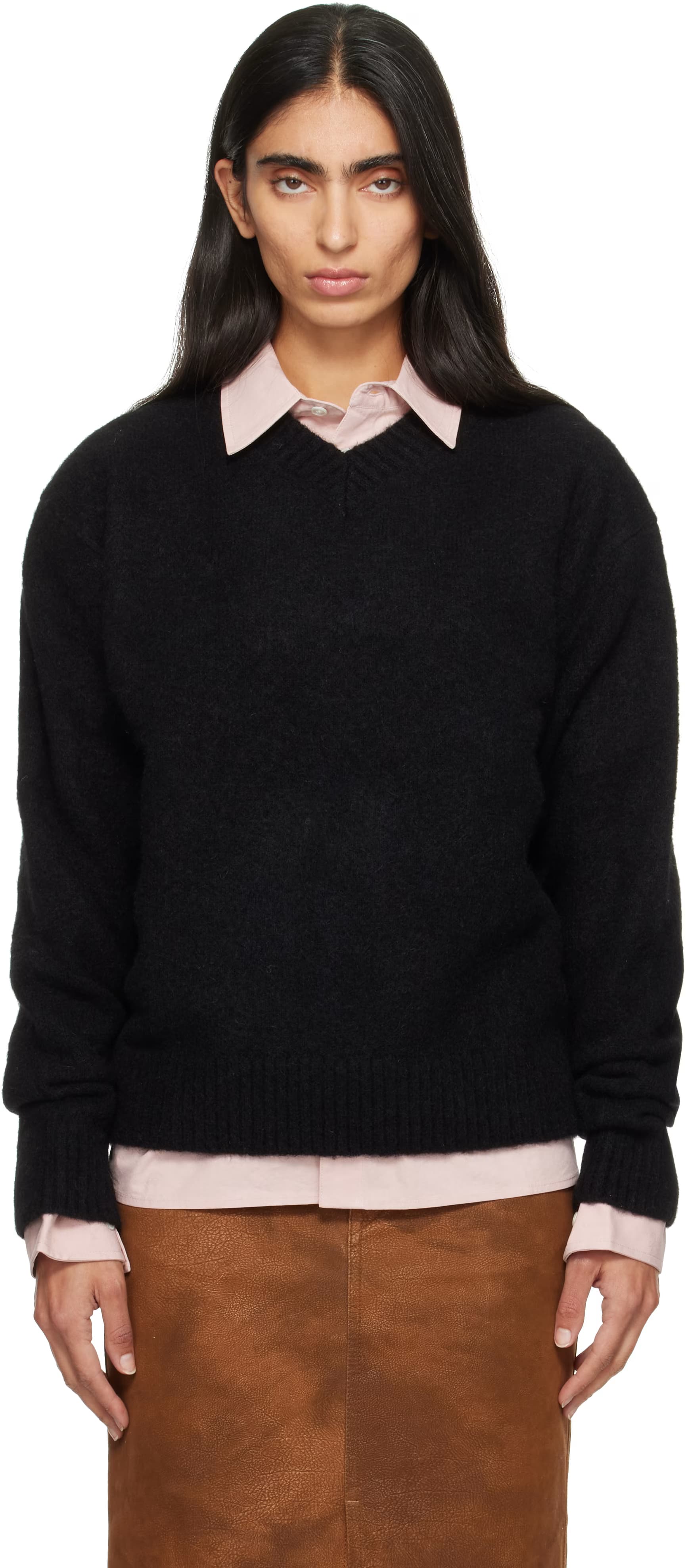 Black Wool Blend Hairy V-Neck Sweater by COOR