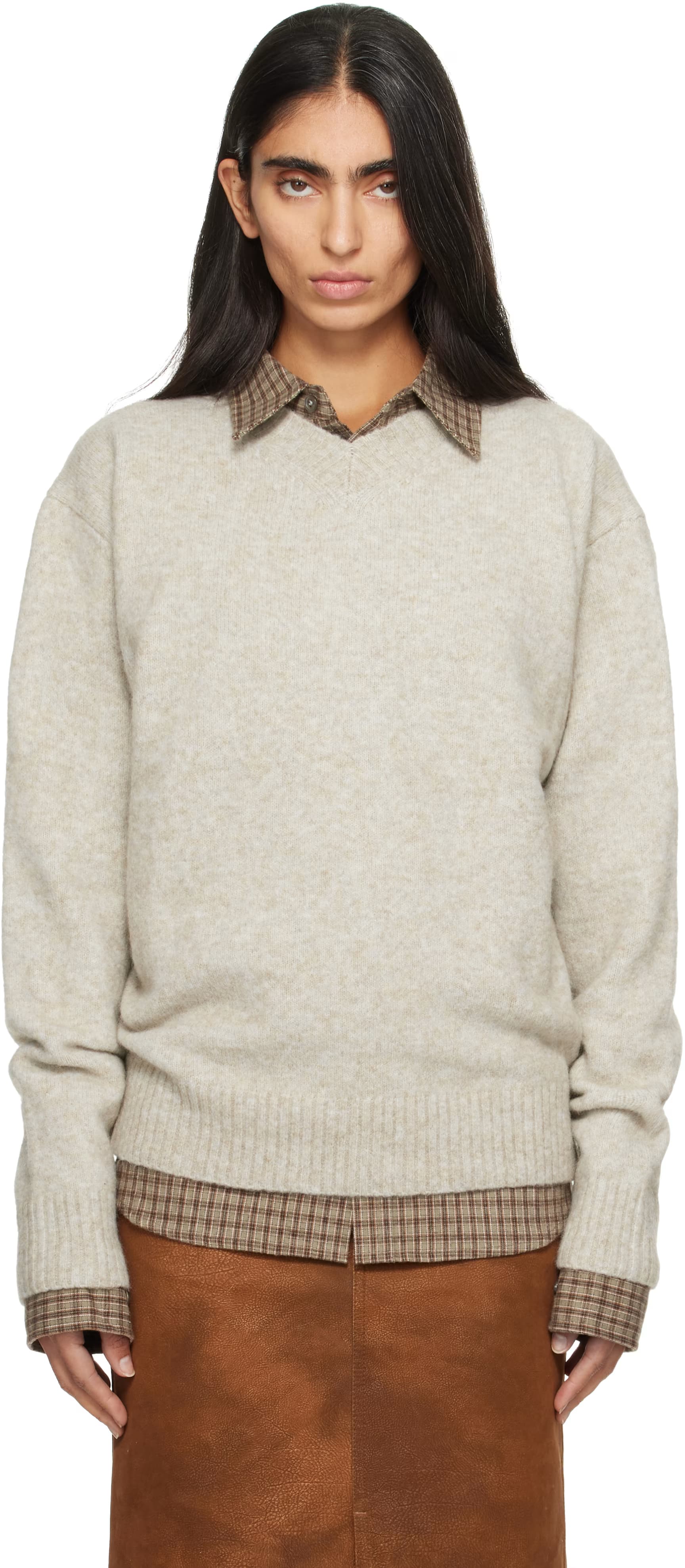 Beige Wool Blend Hairy V-Neck Sweater by COOR