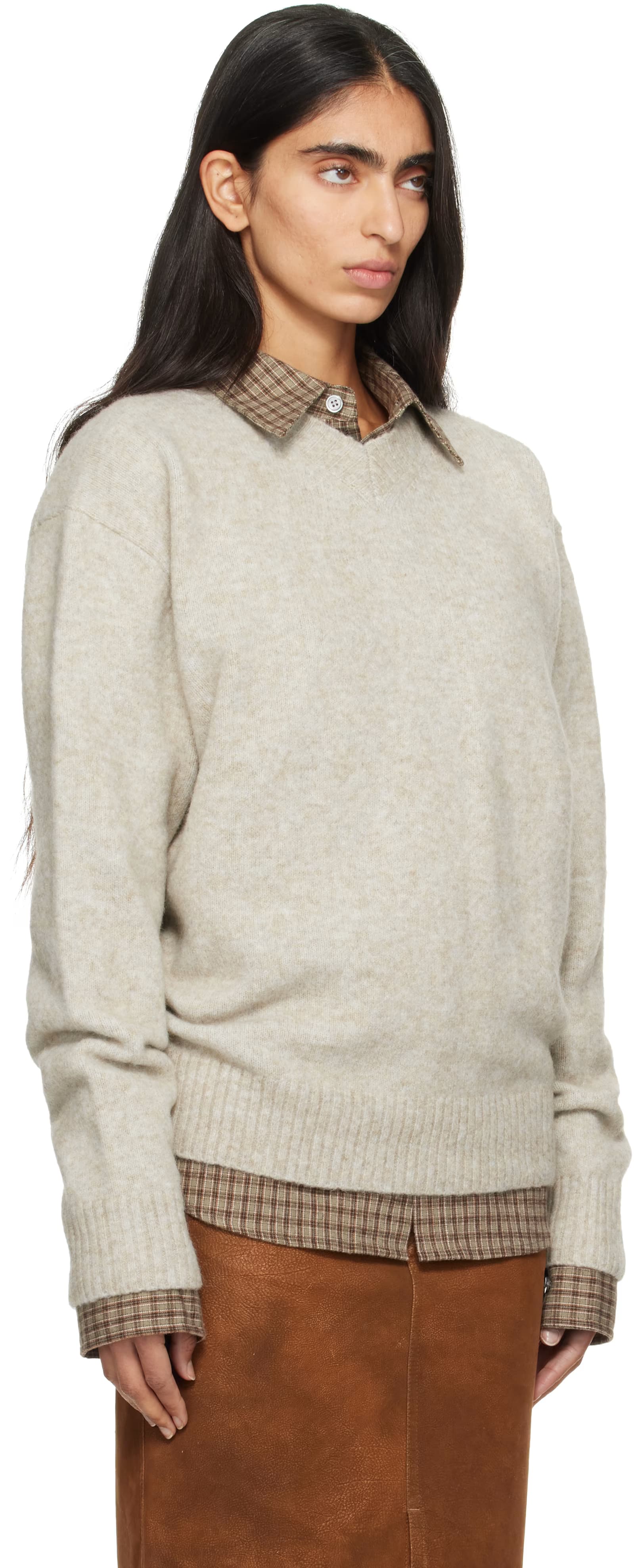 Beige Wool Blend Hairy V-Neck Sweater 2