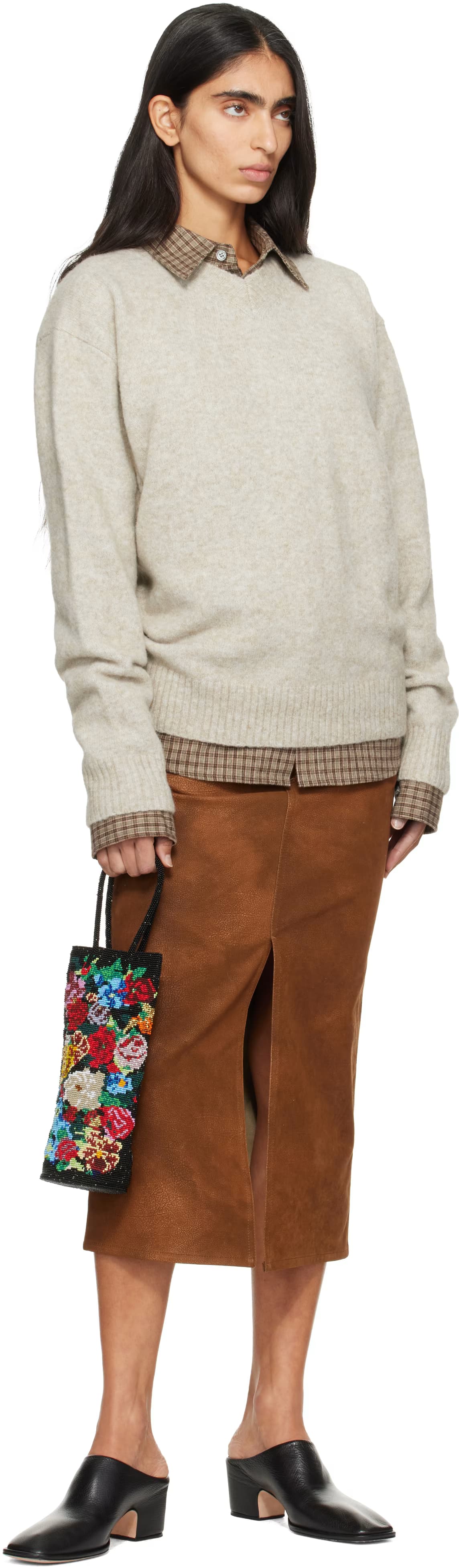 Beige Wool Blend Hairy V-Neck Sweater 4