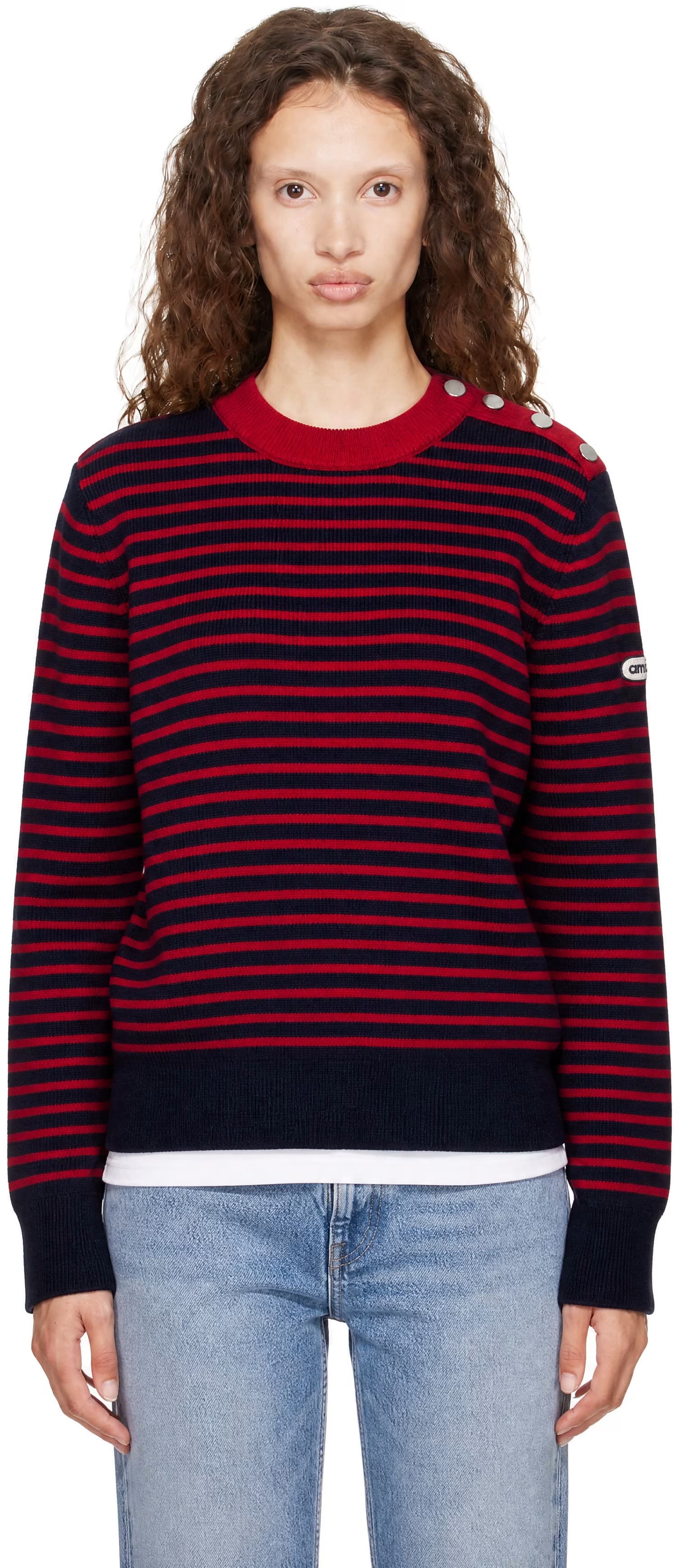 Navy & Red Sailor Striped Wool Crewneck Sweater by AMI Paris