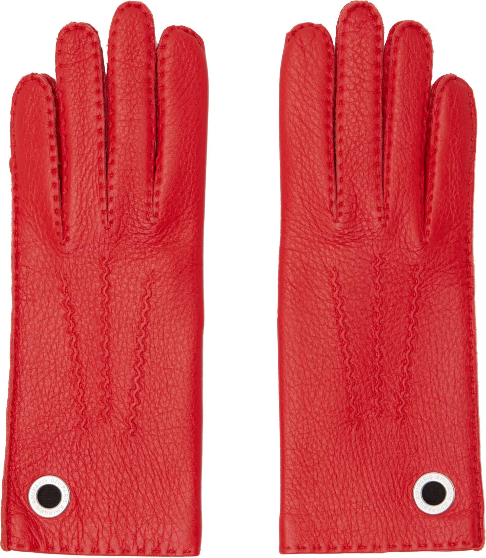 Red Grained Leather Gloves by AMI Paris