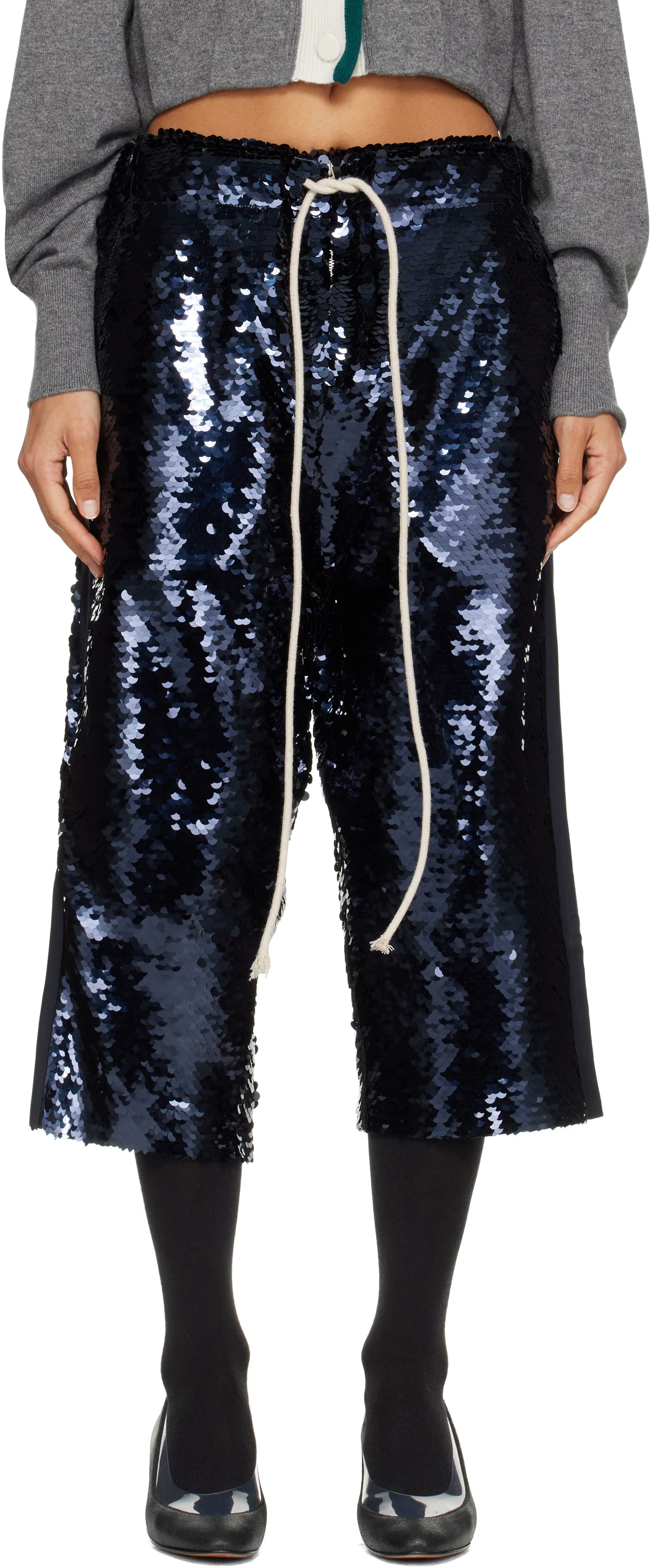Navy Cropped Sequin Trousers by Joone Joonam