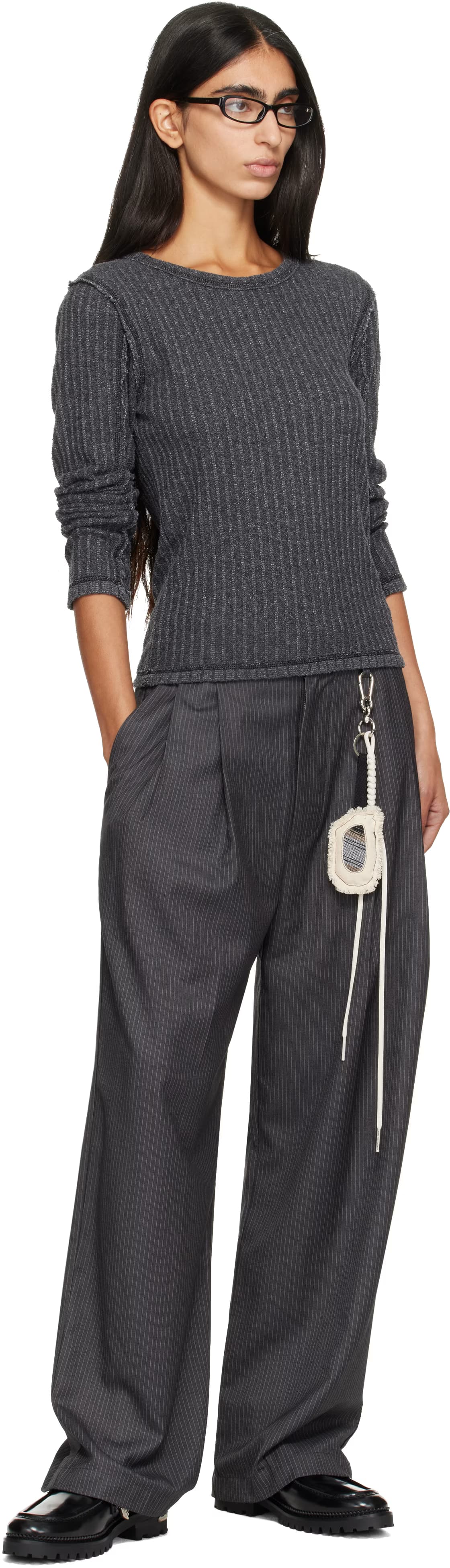 Gray Double Pleated Striped Trousers 4