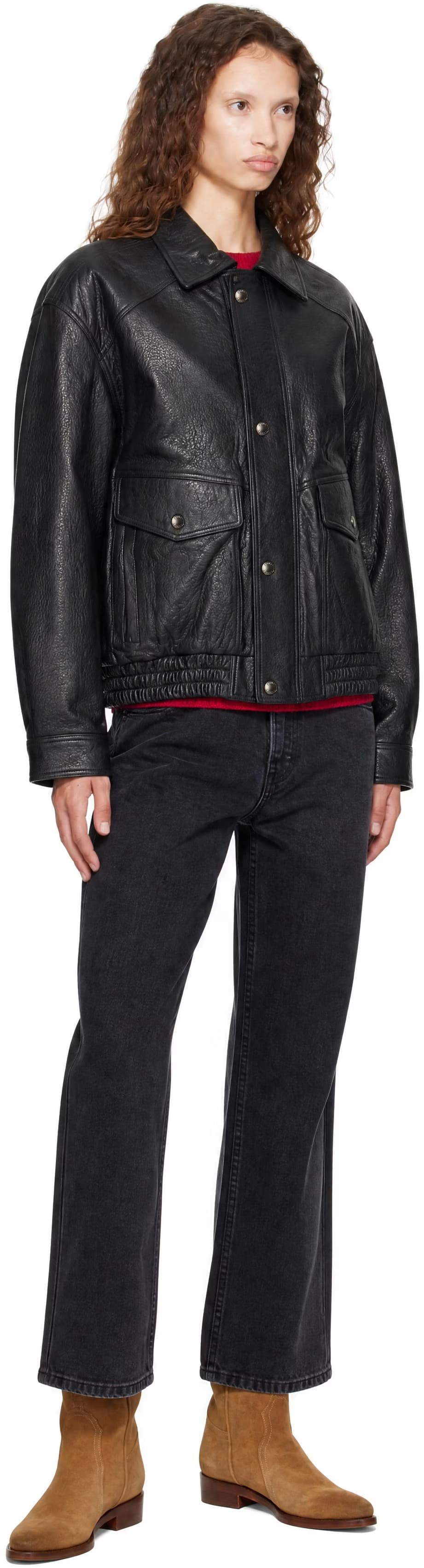 Black Oversized Vintage Blouson Leather Jacket 4