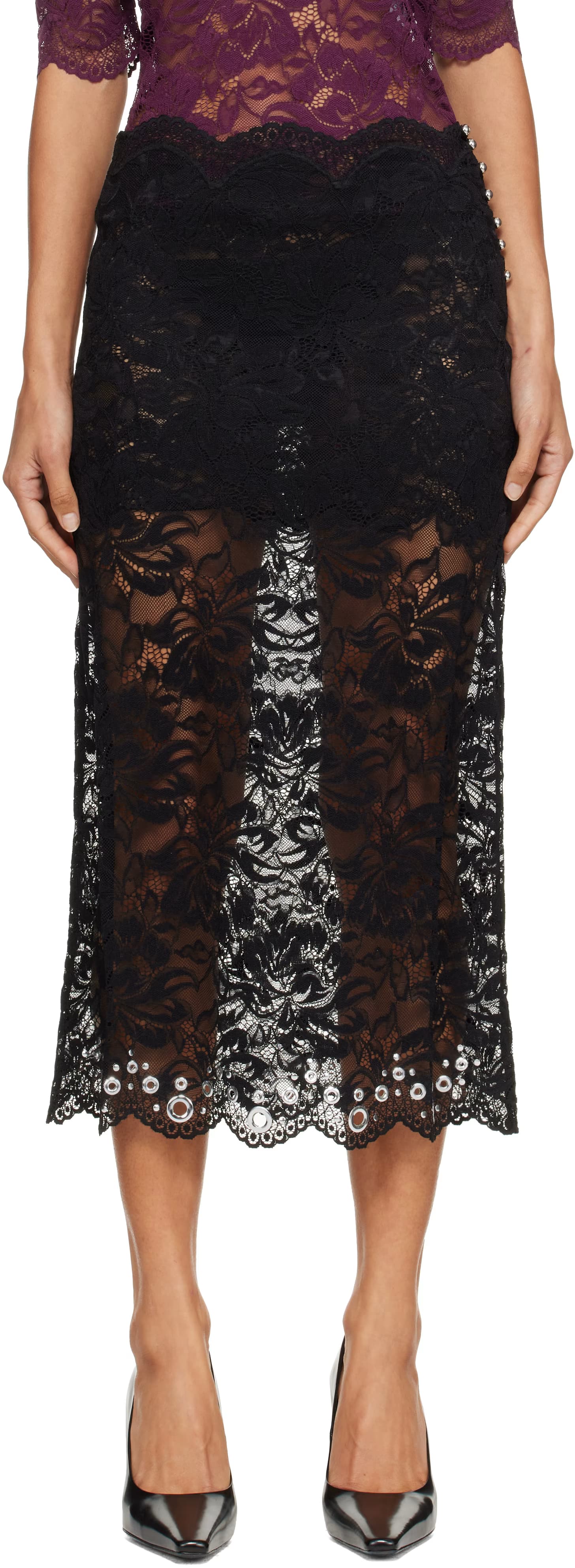 Black Layered Lace Midi Skirt by Paco Rabanne